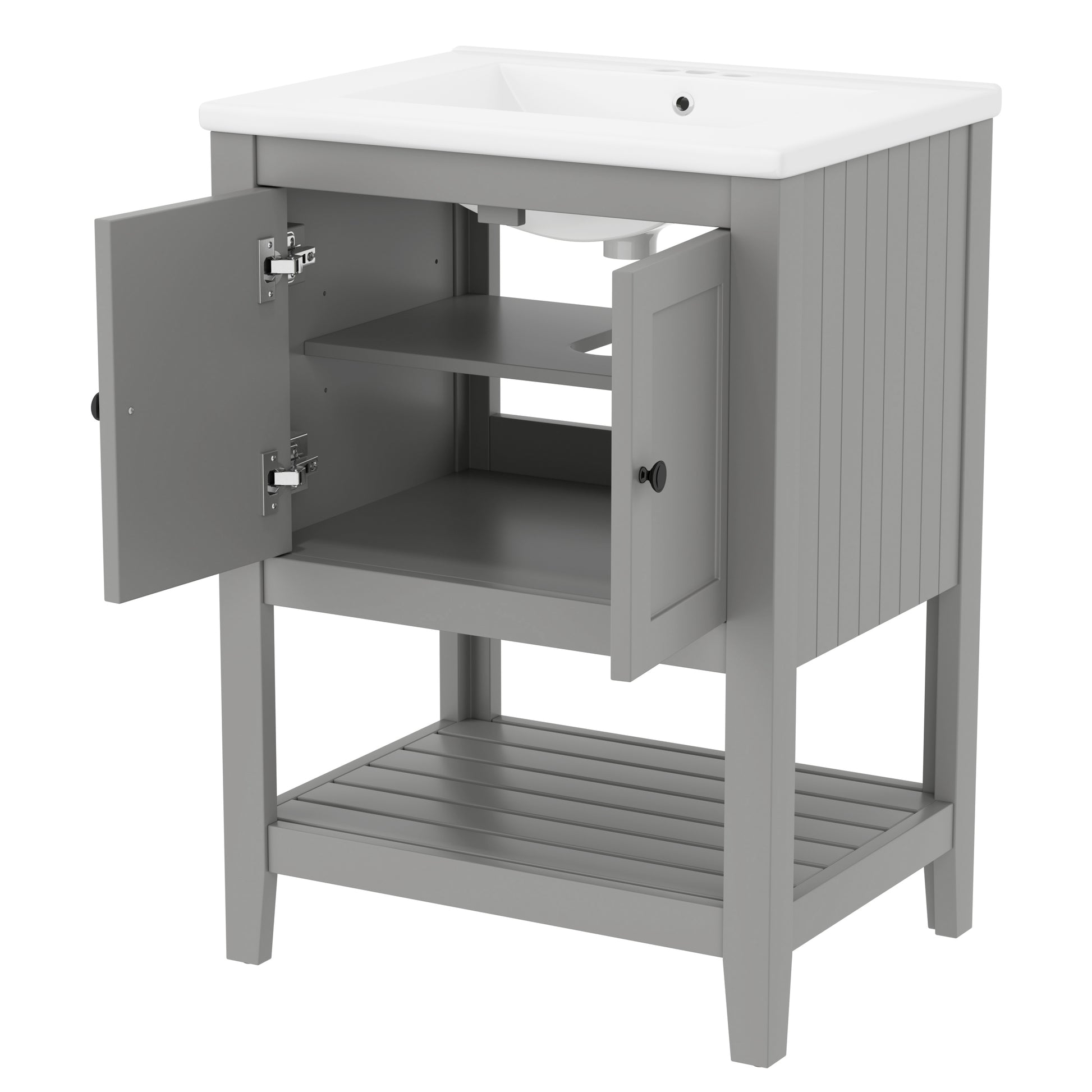 Video 24" Grey Modern Sleek Bathroom Vanity Elegant Ceramic Sink With Solid Wood Frame Open Style Shelf Grey Solid Wood