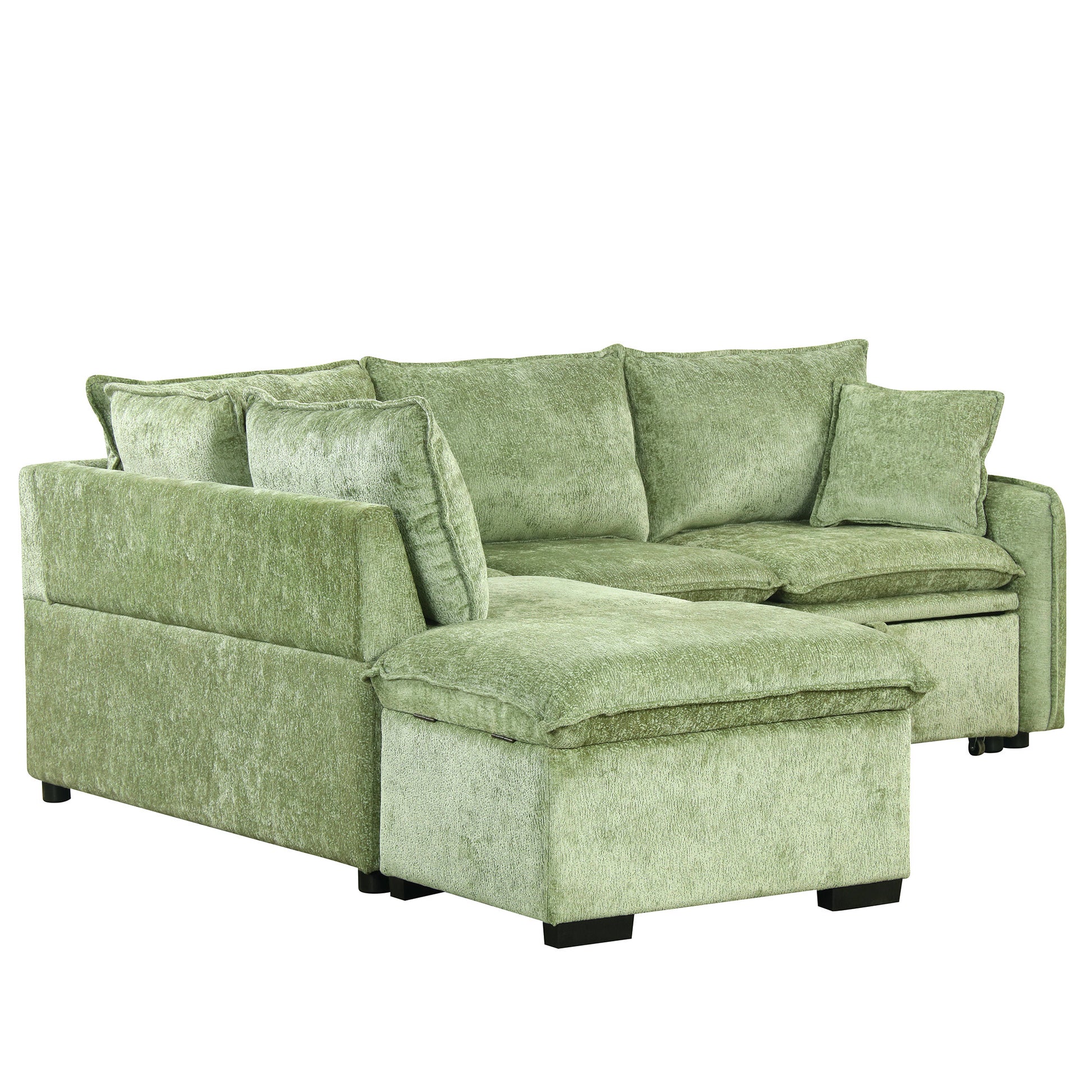 82.67"Convertible Sofa Bed Sectional Sofa Sleeper L Shaped Sofa With A Storage Ottoman,Two Pillows, Two Power Sockets And Two Usb Ports For Living Room, Green Green Foam Chenille 4 Seat