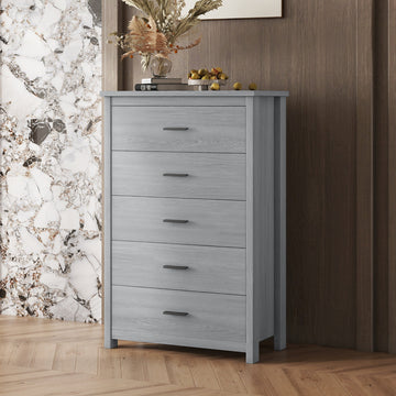 Retro American Country Style Wooden Dresser With 5 Drawer, Storage Cabinet For Bedroom, Light Gray Light Gray Particle Board Mdf