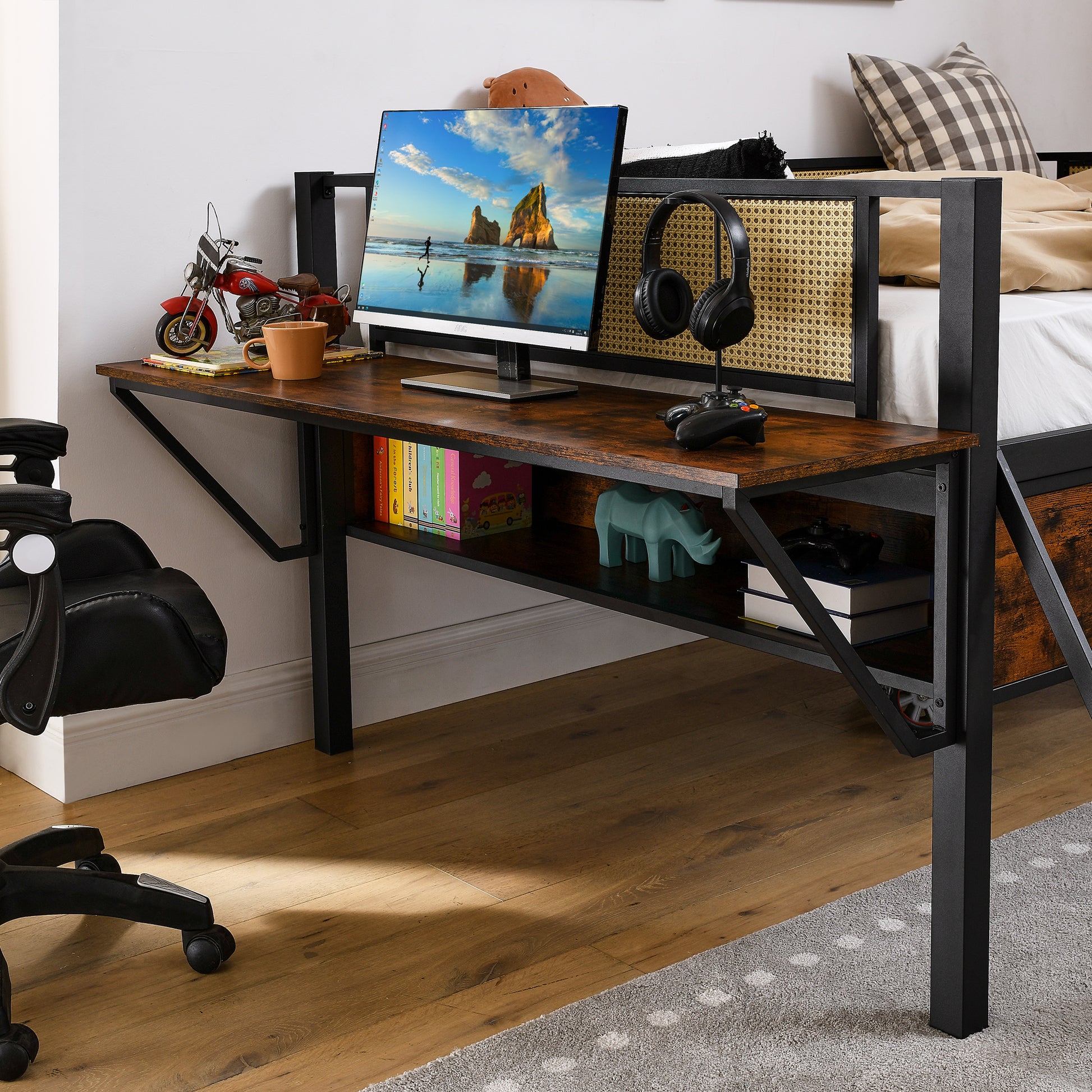 Single Metal Loft Bed With Rectangular Desk, Led Lights, Led Loft Bed Frame Double Bed With Storage Shelves And Hanging Storage Compartments, Safety Guard And Ladder, No Box Springs Required, Rattan G Full Black Brown Mdf Iron