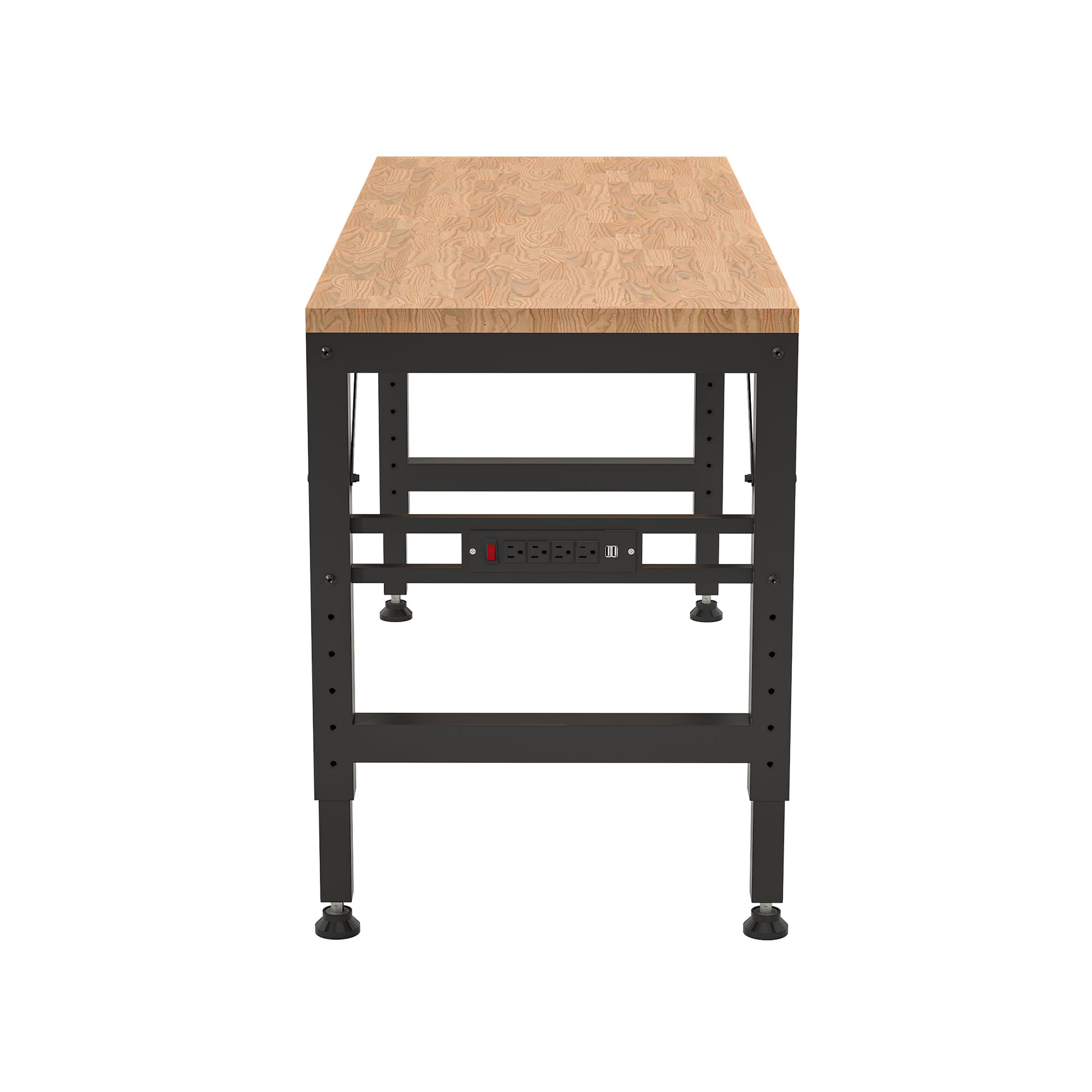 Adjustable Height Workbench, 60" Rubber Wood Top Heavy Duty Workstation With Power Outlets, 2000 Lbs Load Capacity Hardwood Worktable For Workshop, Garage, Office, Home, Commercial Black Metal & Wood