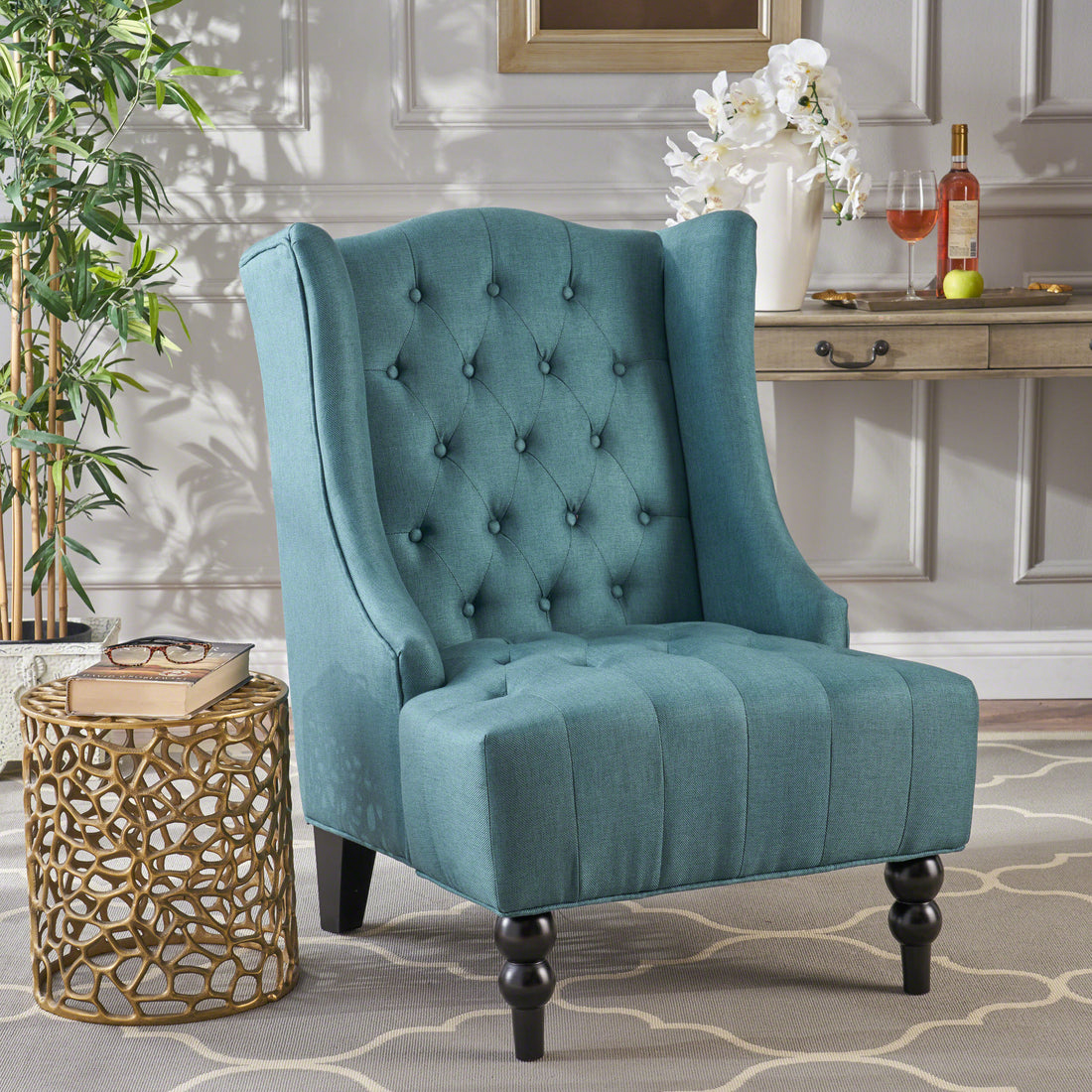 Upholstered Wingback Chair Teal Fabric