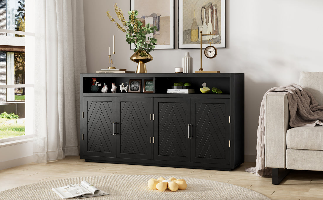 4 Door Classic Sideboard With Open Storage And Adjustable Shelves Perfect For Kitchens, Living Rooms Black Black Mdf