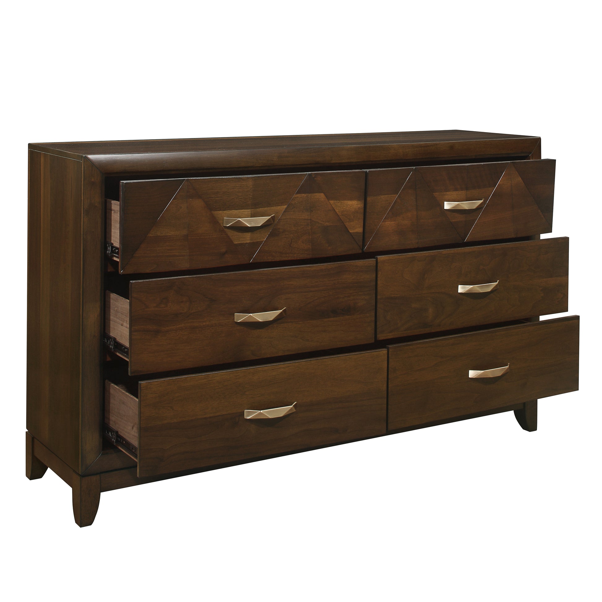 Modern Bedroom Walnut Finish 1Pc Dresser Of 6 Drawers Decorative Angled Front Satin Brass Tone Handles Wooden Furniture Walnut Contemporary,Modern Wood