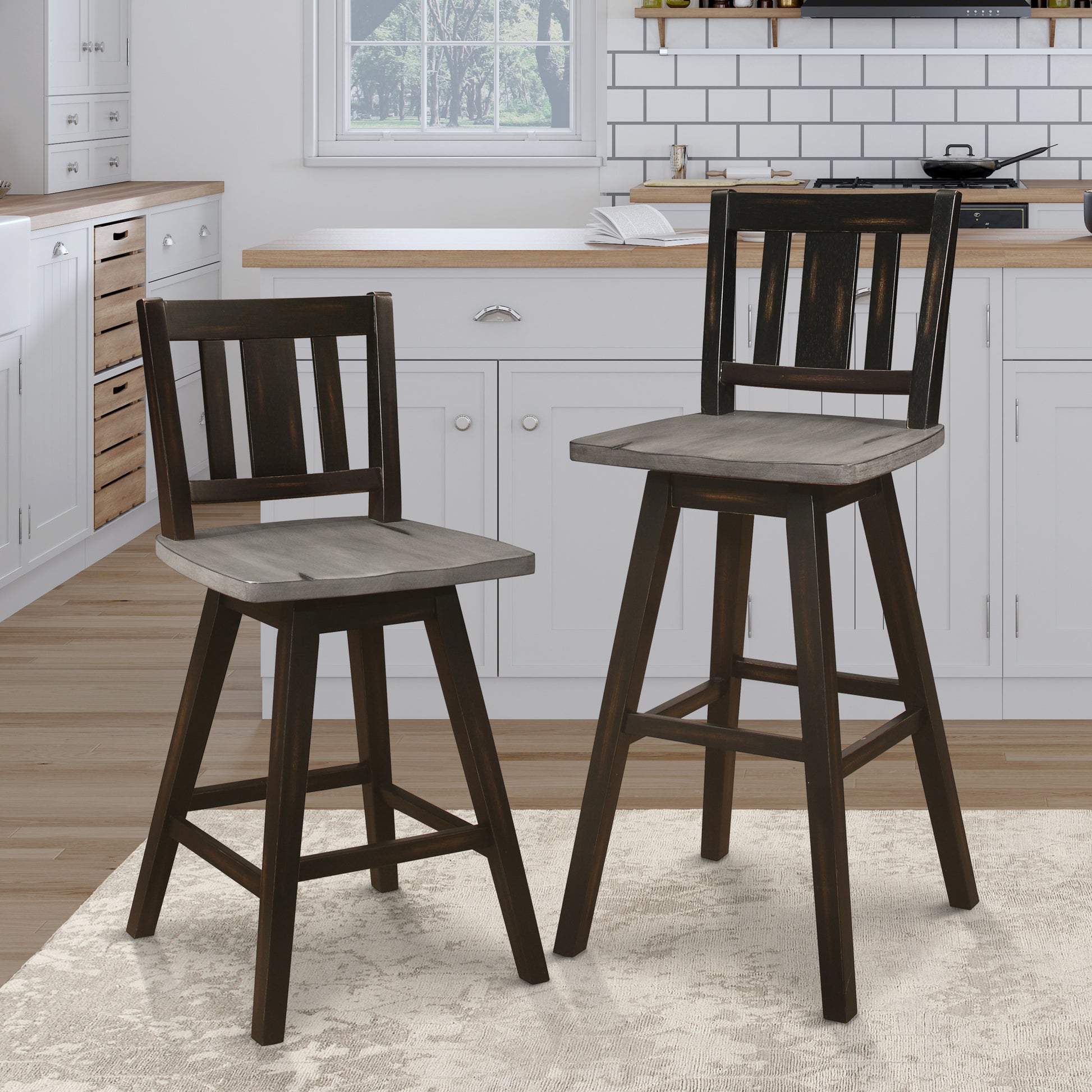 Counter Height Chairs Set Of 2, Black Gray 360 Degree Swivel Chair Solid Rubberwood Kitchen Dining Furniture, Vertical Slat Back Black Gray Dining Room Rustic Slat Back Solid Wood