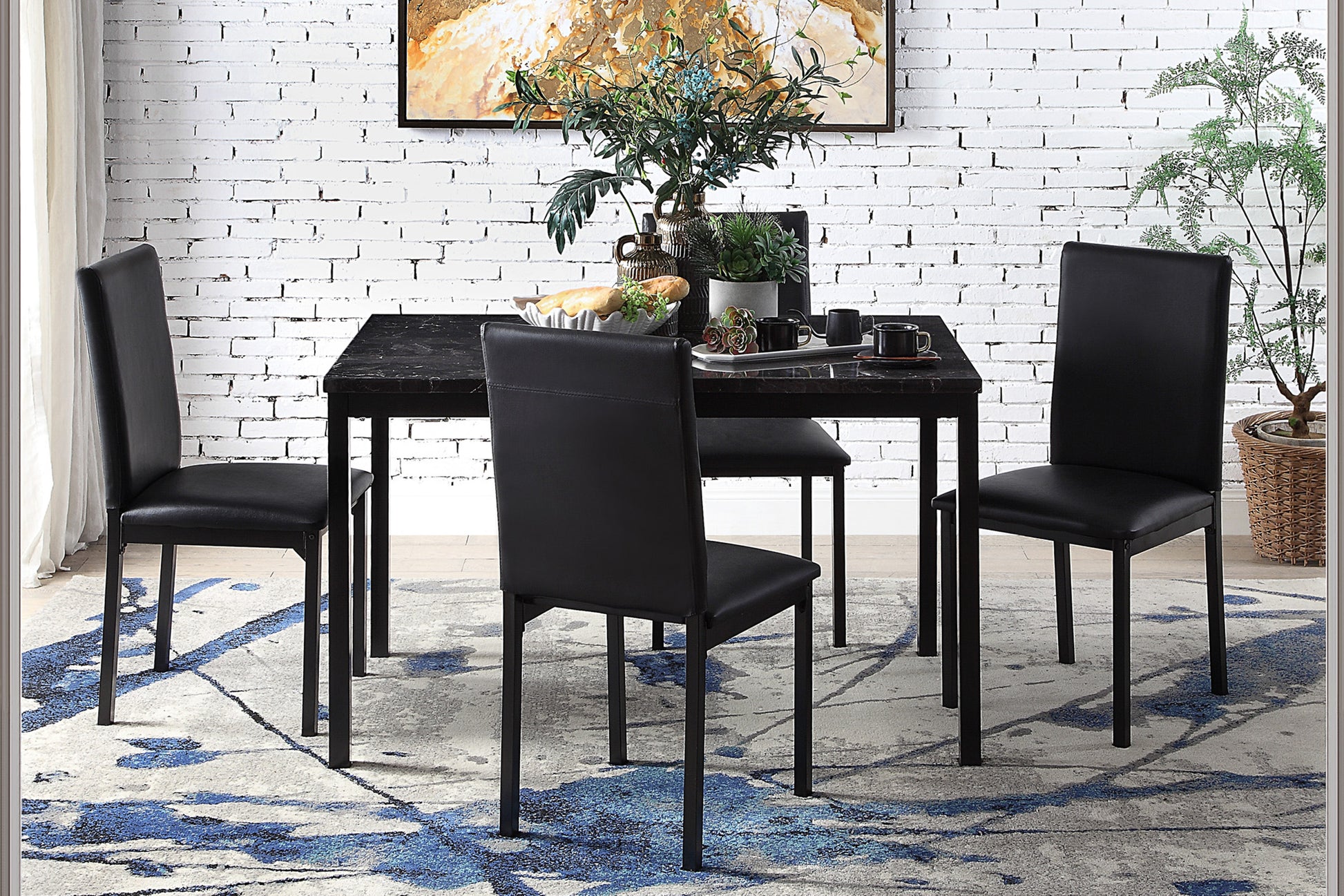 1Pc Dining Table Black Faux Marble Top Casual Dining Room Furniture Metal Frame Black Seats 4 Dining Room Kitchen & Dining Tables Rectangular Metal