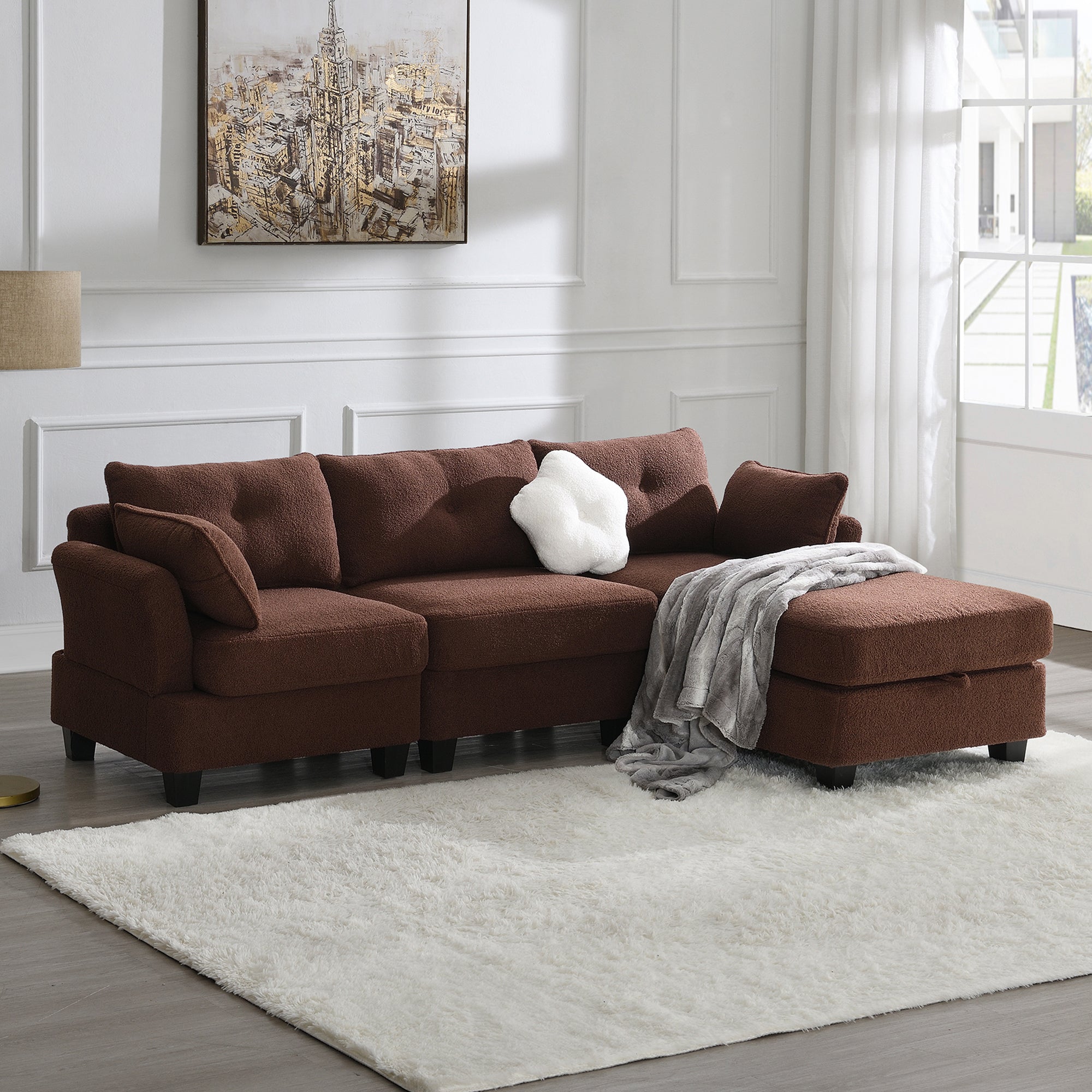 92*63"Modern Teddy Velvet Sectional Sofa,Charging Ports On Each Side,L Shaped Couch With Storage Ottoman,4 Seat Interior Furniture For Living Room, Apartment,3 Colors 3 Pillows Brown Teddy 4 Seat