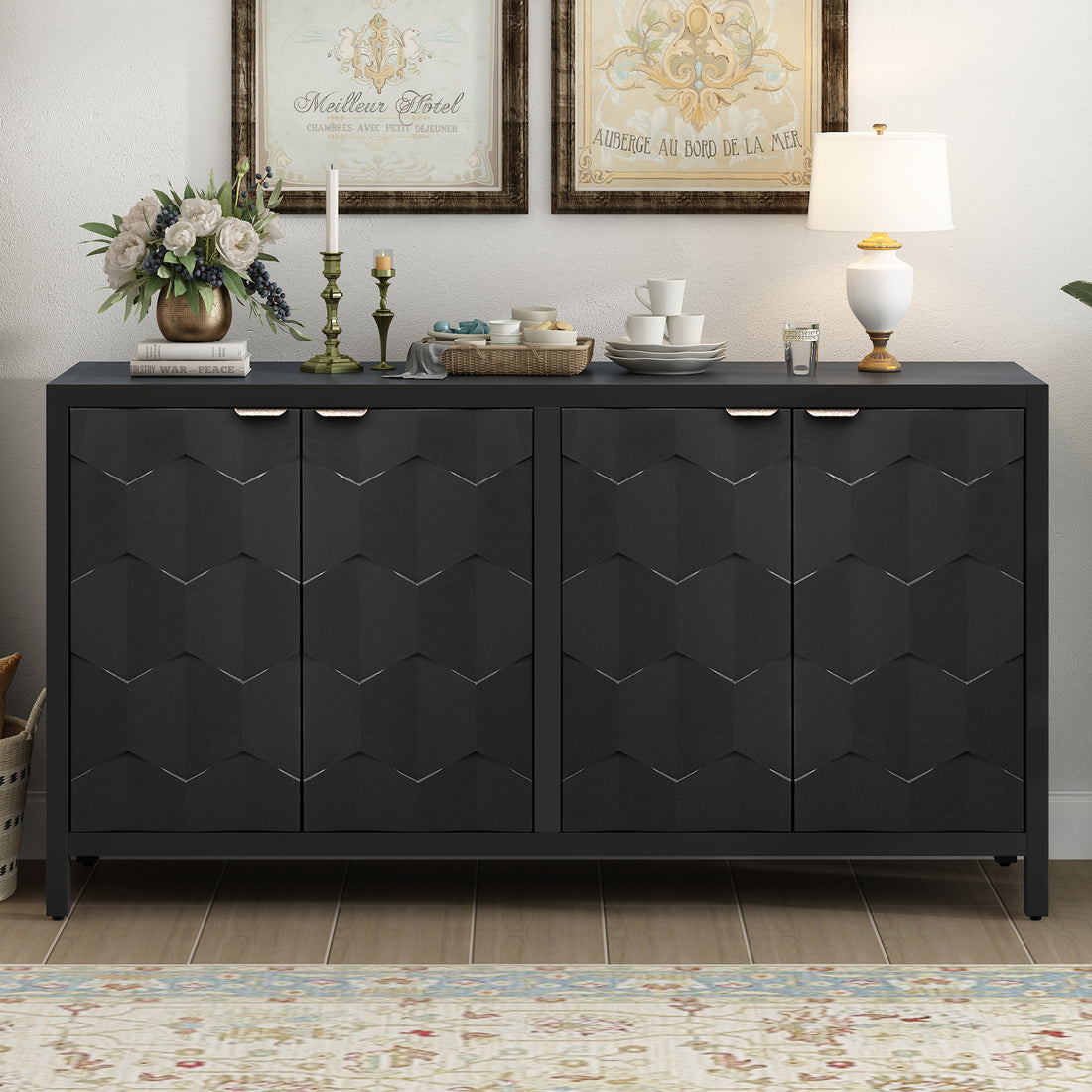 Luxurious Four Door Sideboard With Honeycomb Patterned Doors, Offering Large Storage For Study,Entrance And Living Room Black Primary Living Space American Design Mdf