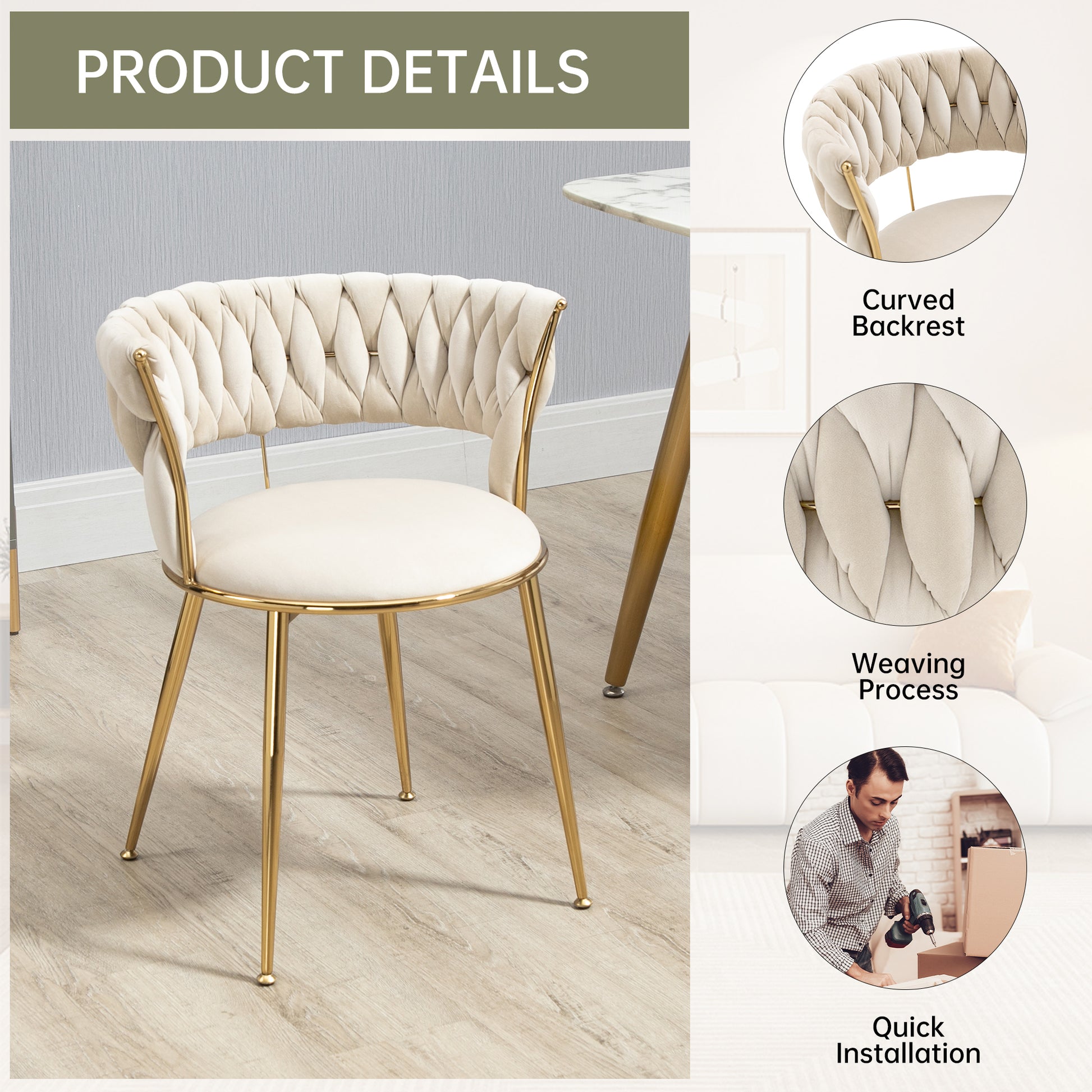 Coolmore Velvet Dining Chairs Set Of 2, Woven Upholstered Dining Chairs With Gold Metal Legs, Modern Accent Chairs For Living Room, Dining Room, Kitchen Ivory Velvet Ivory Foam Velvet