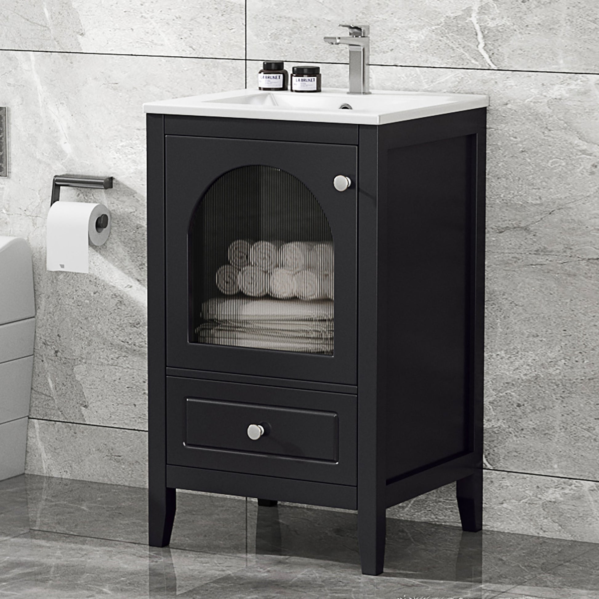 20" Bathroom Vanity With Sink, Bathroom Cabinet With Soft Closing Glass Door, A Drawer, Black Black Mdf