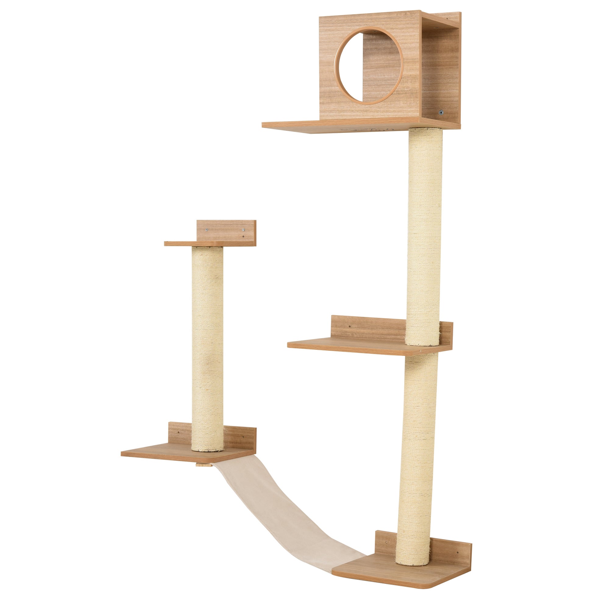 Pawhut Wall Mounted Multi Level Cat Tree Activity Tower With Sisal Covered Scratching Posts & An Interior Condo Area Yellow Pine