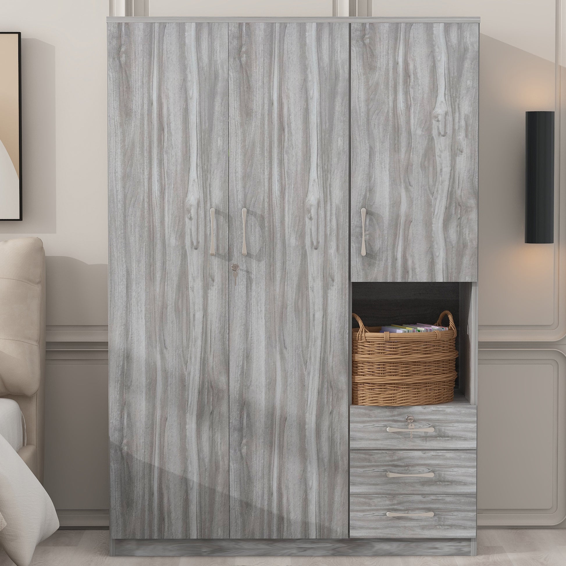 2 Doors Wooden Wardrobe Storage For Bedroom, With Shelves And 3 Drawers, Gray Gray Particle Board