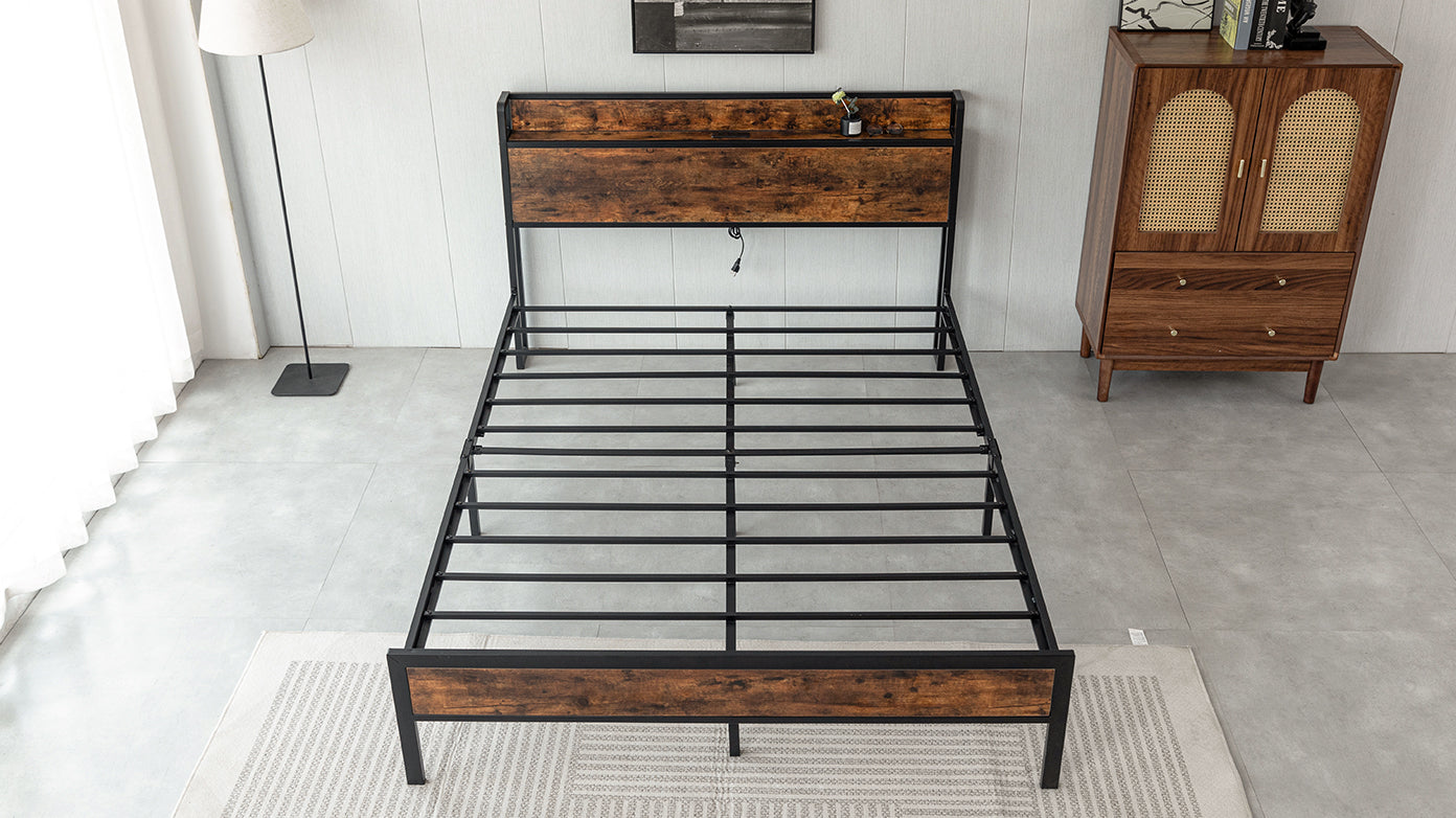 Black Queen Metal Bed Frame With Wooden Headboard And And Footboard And Iron Slats, Rustic Bed Base, Heavy Duty Platform Bed Frame, 12 Inch Underbed Storage No Springs Required Box Spring Required Queen Black Dark Walnut Metal Brown Bedroom