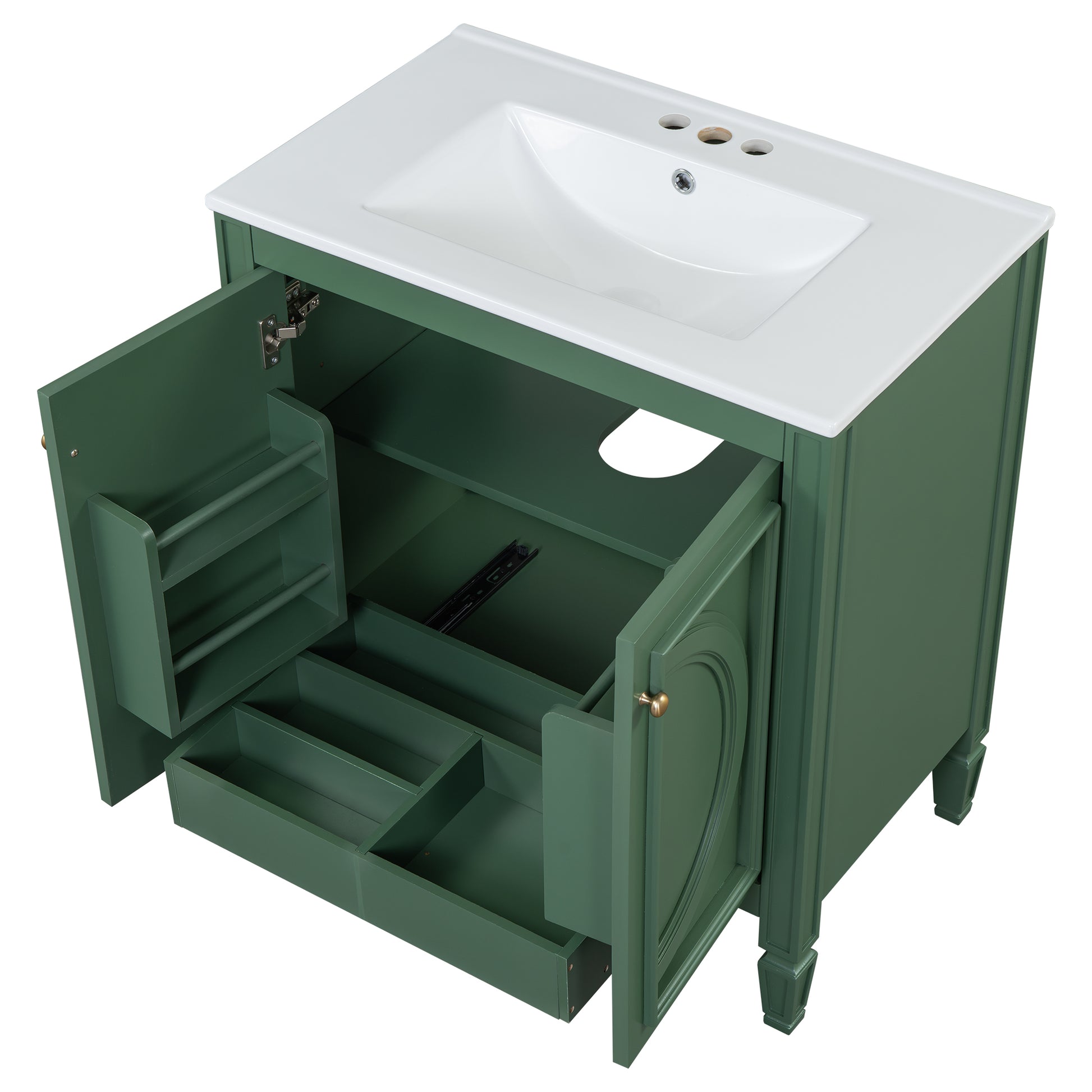 30" Bathroom Vanity With Sink, Two Doors With Shelf, Soft Close Door Hinges, Vintage Style, Green Green Ceramic Mdf,Rubber Wood