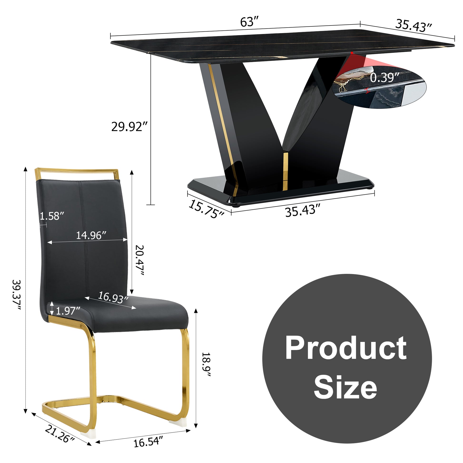 Table And Chair Set,Modern Minimalist Rectangular Dining Table, 0.4 Inch Thick, With A Black Imitation Marble Pattern Glass Desktop And Black Mdf Legs. Comfortable Pu Seats,Perfect For Dinner, Meet Black Seats 4 Mdf Glass