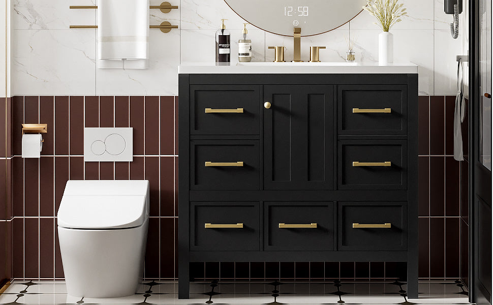 36'' Bathroom Vanity With Resin Sink Combo, Solid Wood Frame Bathroom Storage Cabinet, Freestanding Vanity Set With 5 Drawers& Soft Closing Doors Same As Sw000142Aab Black Bathroom Solid Wood Mdf Resin