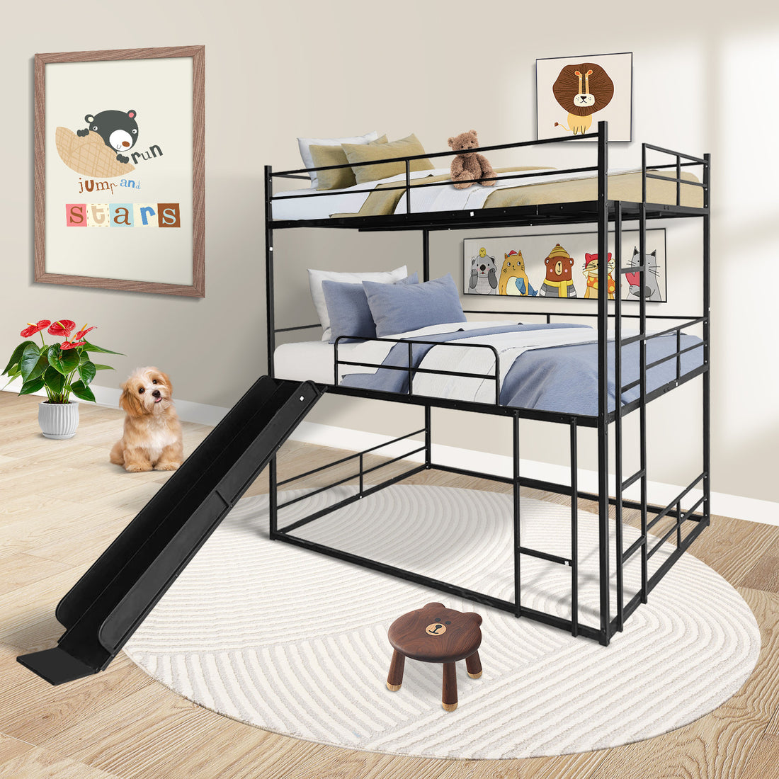 Twin Size House Loft Bed With Slide And Ladder, Black Twin Black Metal