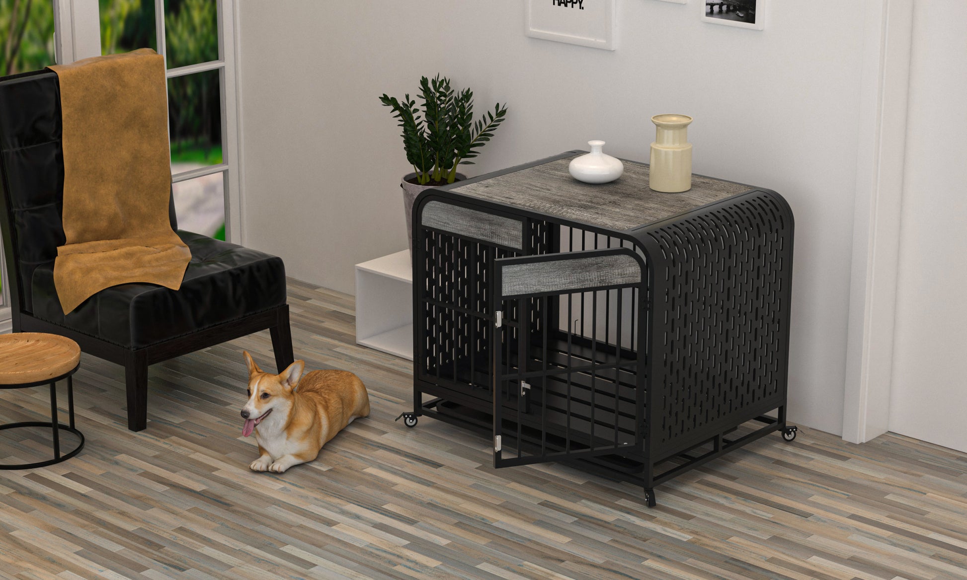 Heavy Duty Dog Crate Furniture Wooden Table Pet Dog Cage Kennel House Indoor Side End Table Decor With Removable Trays And Lockable Wheels For Small Dogs 33" Grey Grey Outdoor Kennel Small 11 25 Lbs Mdf Steel