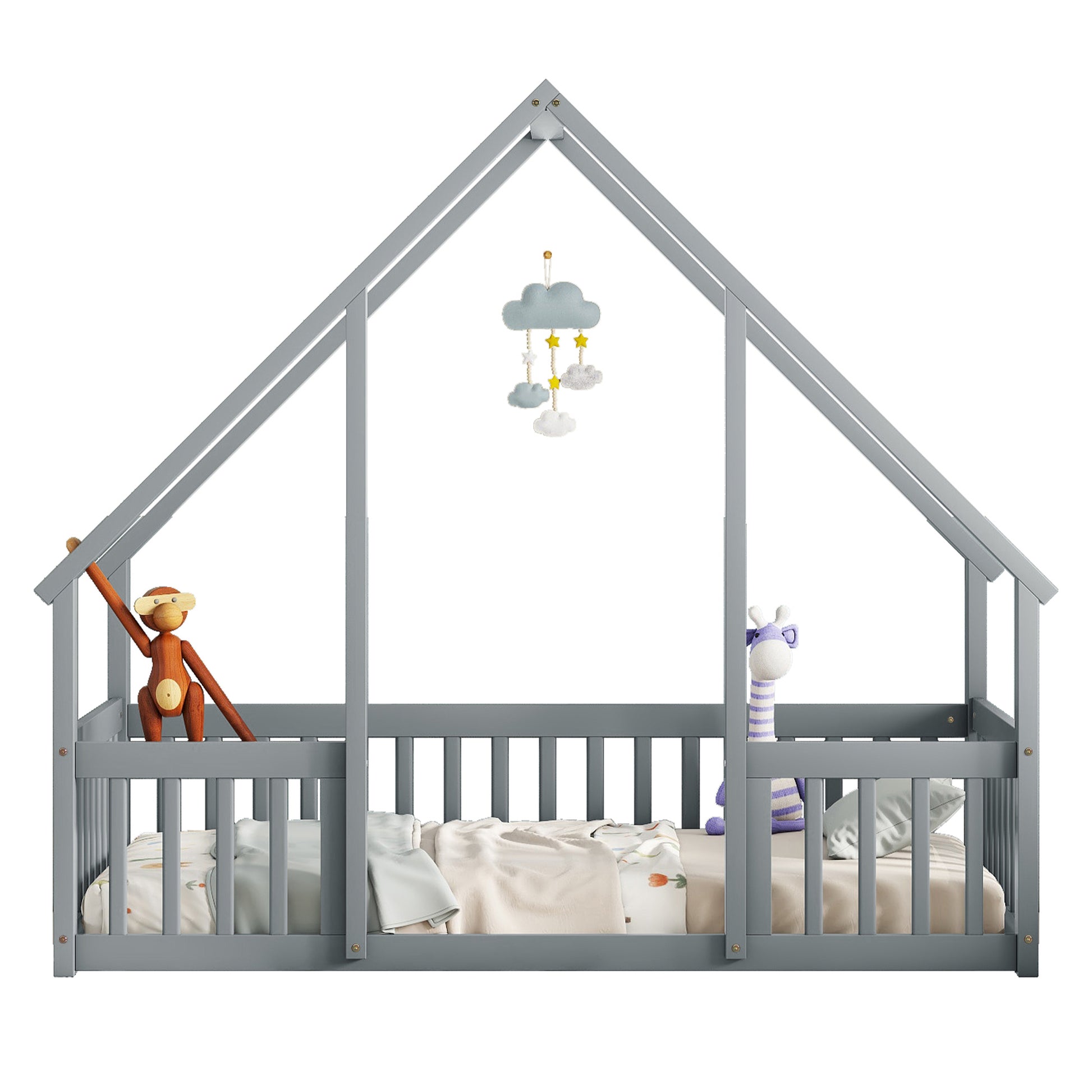 Twin Wood House Shaped Floor Bed With Fence, Guardrails ,Grey Twin Grey American Design Pine