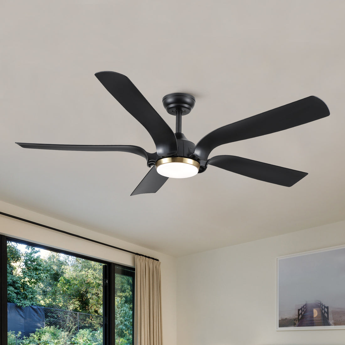 Smart 56" Integrated Led Ceiling Fan With Antique Brown Blades In Matte Black Fan Body Finish Black Abs