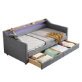 Twin Size Daybed With 2 Storage Drawers And 2 Tier Shelf & Usb Type C Port, Modern Linen Upholstered Sofa Day Bed Frame With Smart Led Light For Livingroom, Apartment,Light Grey Box Spring Not