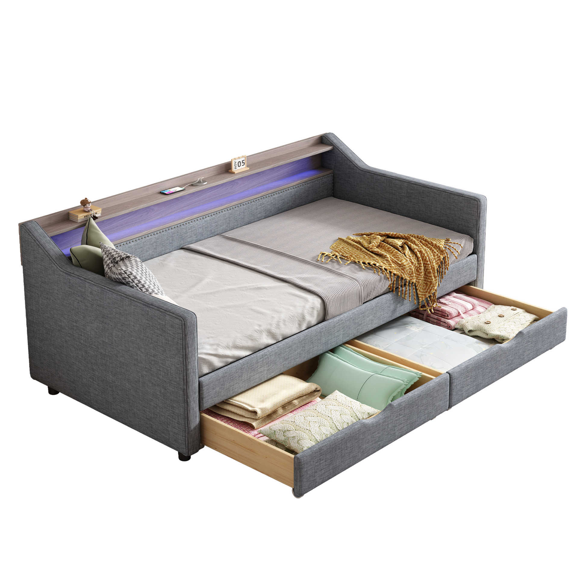 Twin Size Daybed With 2 Storage Drawers And 2 Tier Shelf & Usb Type C Port, Modern Linen Upholstered Sofa Day Bed Frame With Smart Led Light For Livingroom, Apartment,Light Grey Box Spring Not