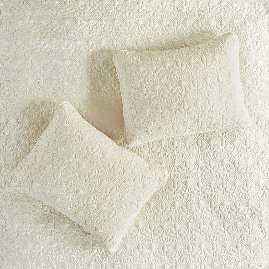 3 Piece Split Corner Pleated Quilted Bedspread Cream Queen Cream Polyester