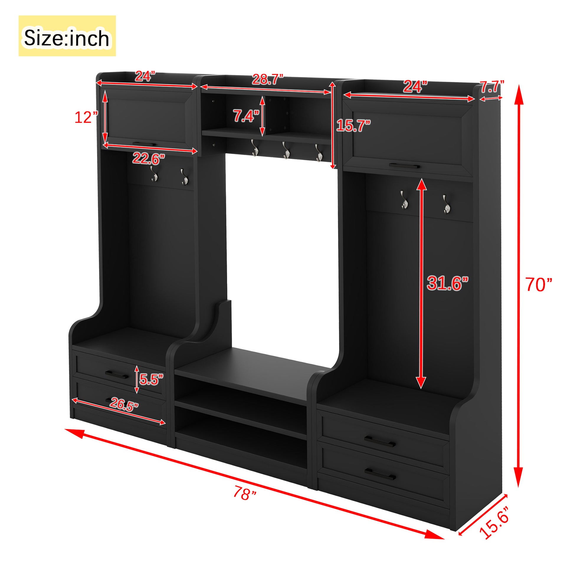 4 In 1 Detachable Hall Tree With Storage And 7 Hooks, Multiple Functions Hallway Coat Rack With Storage Drawers And Cabinet, Black Shoe Bench For Entryway Hallway Black Particle Board Mdf