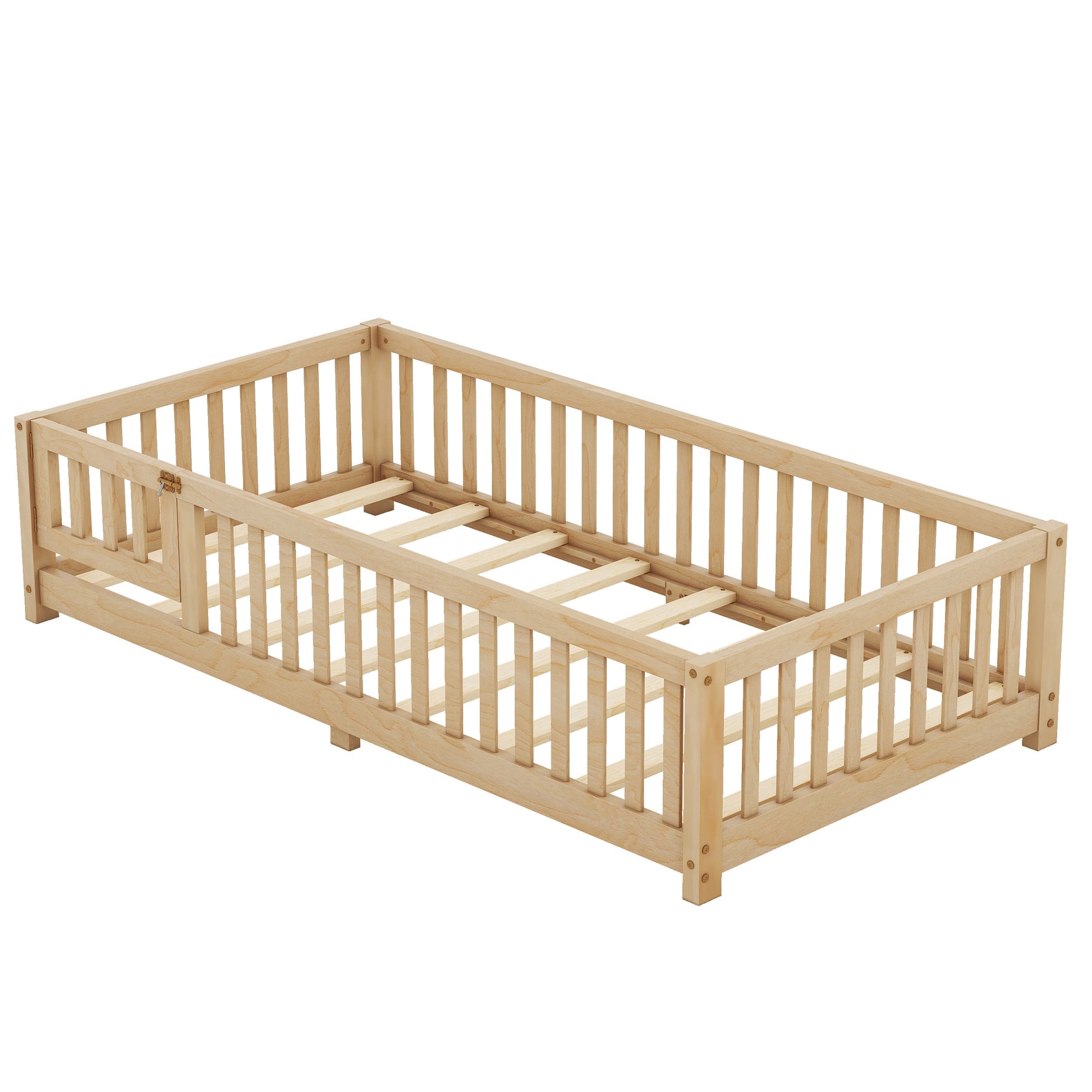 Twin Size Bed Floor Bed With Safety Guardrails And Door For Kids, Natural Old Sku: W158090686 Twin Natural Pine