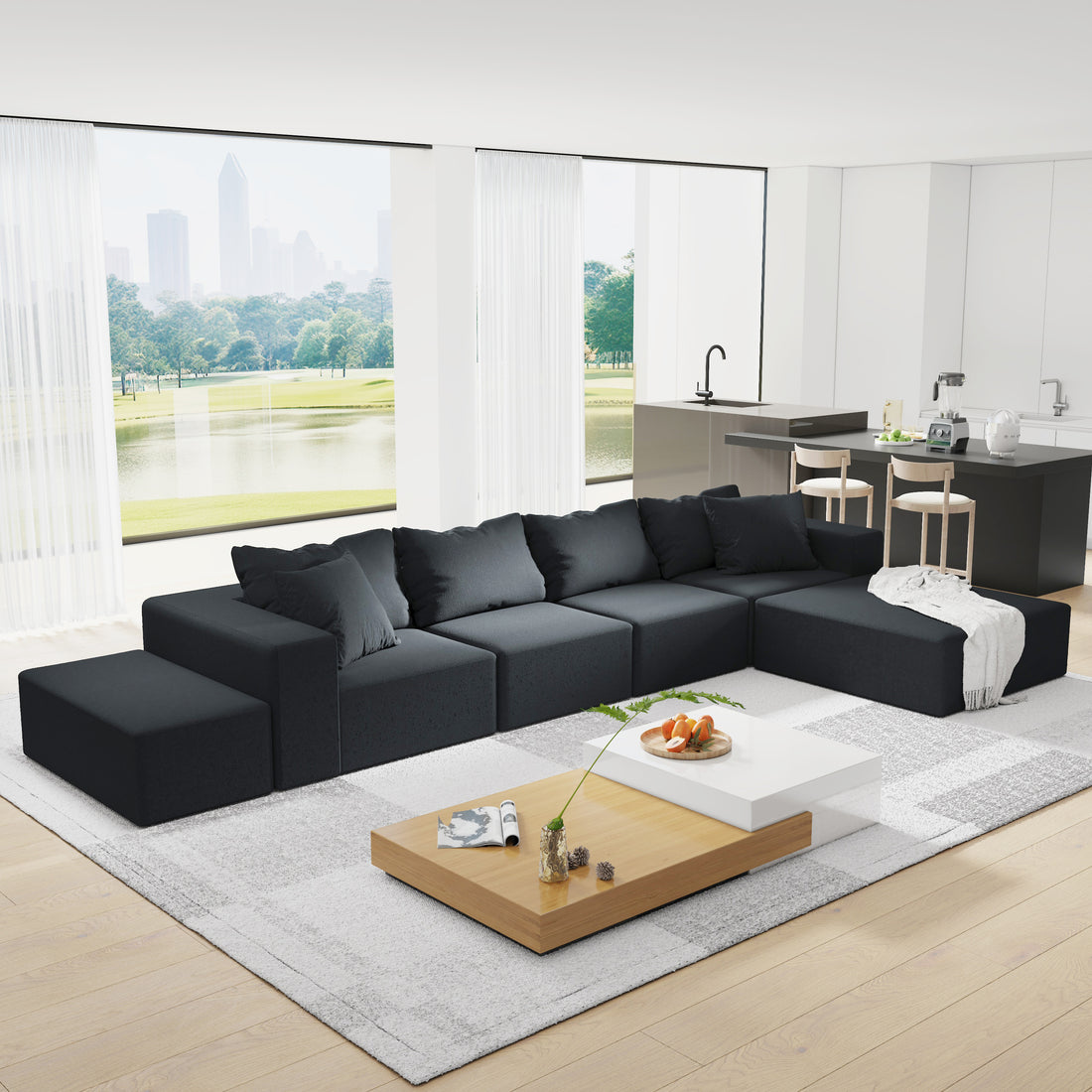 Modern Upholstered Sectional Sofa Couch Set,Modular 132" L Shaped Sectional Living Room Sofa Set With 6 Pillows,Free Combination Sofa Couch For Living Room,Bedroom Black Foam Chenille 6 Seat