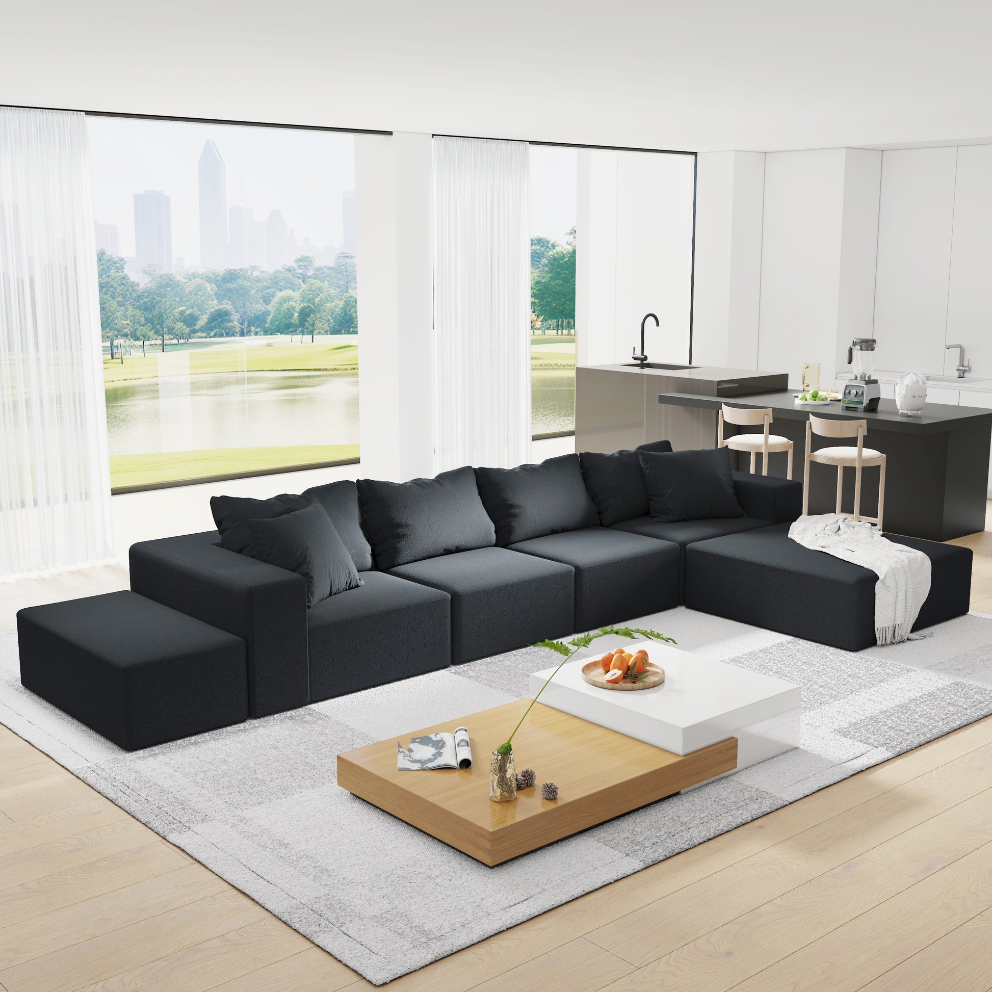 Modern Upholstered Sectional Sofa Couch Set,Modular 132" L Shaped Sectional Living Room Sofa Set With 6 Pillows,Free Combination Sofa Couch For Living Room,Bedroom Black Foam Chenille 6 Seat