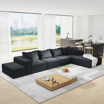 Modern Upholstered Sectional Sofa Couch Set,Modular 132" L Shaped Sectional Living Room Sofa Set With 6 Pillows,Free Combination Sofa Couch For Living Room,Bedroom Black Foam Chenille 6 Seat