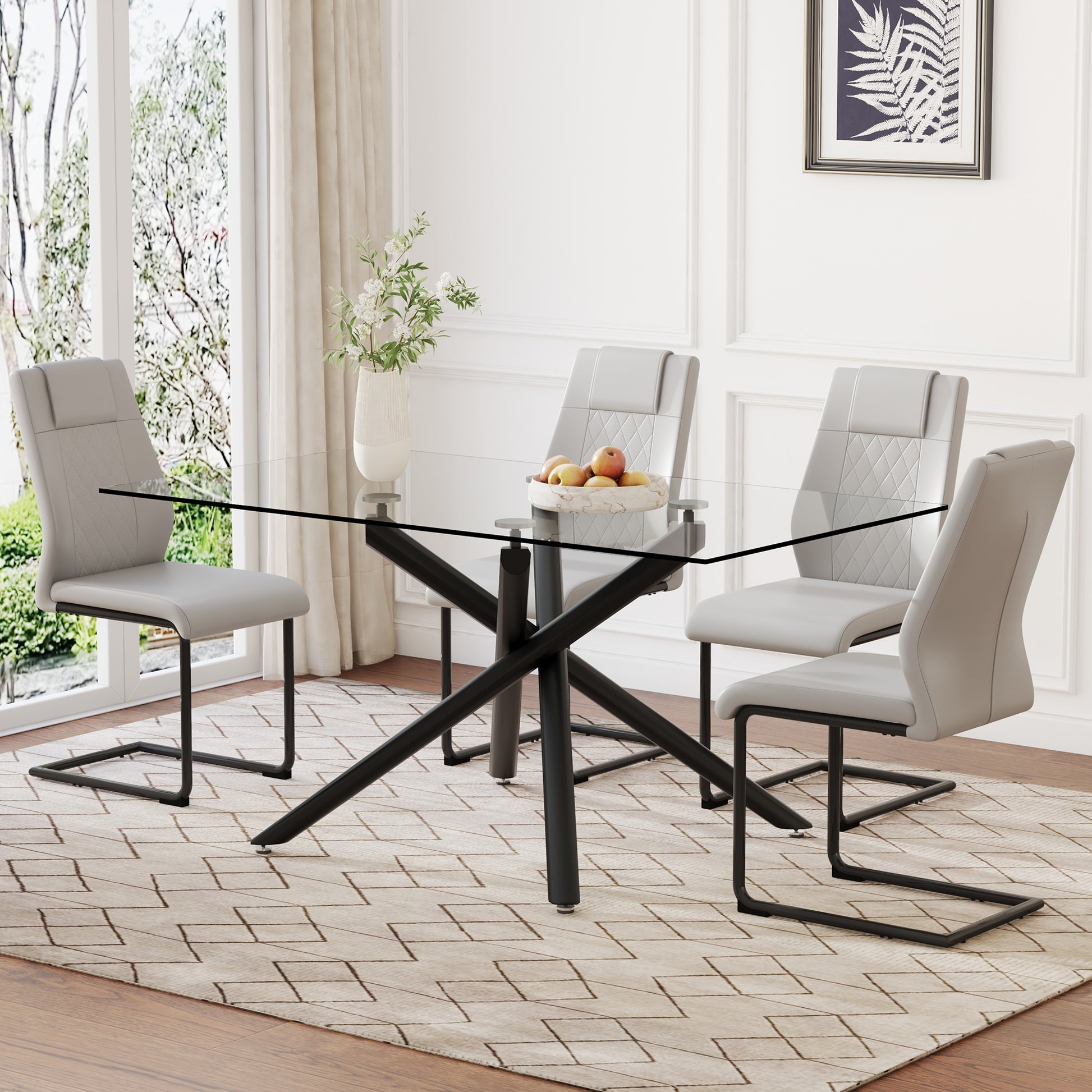 Table And Chair Set.Modern Rectangular Glass Dining Table With 0.39" Tempered Glass Tabletop And Black Metal Legs.Paired With Multiple Chairs Designed With Pu Cushions And Black Metal Legs. Black Grey Seats 4 Tempered Glass