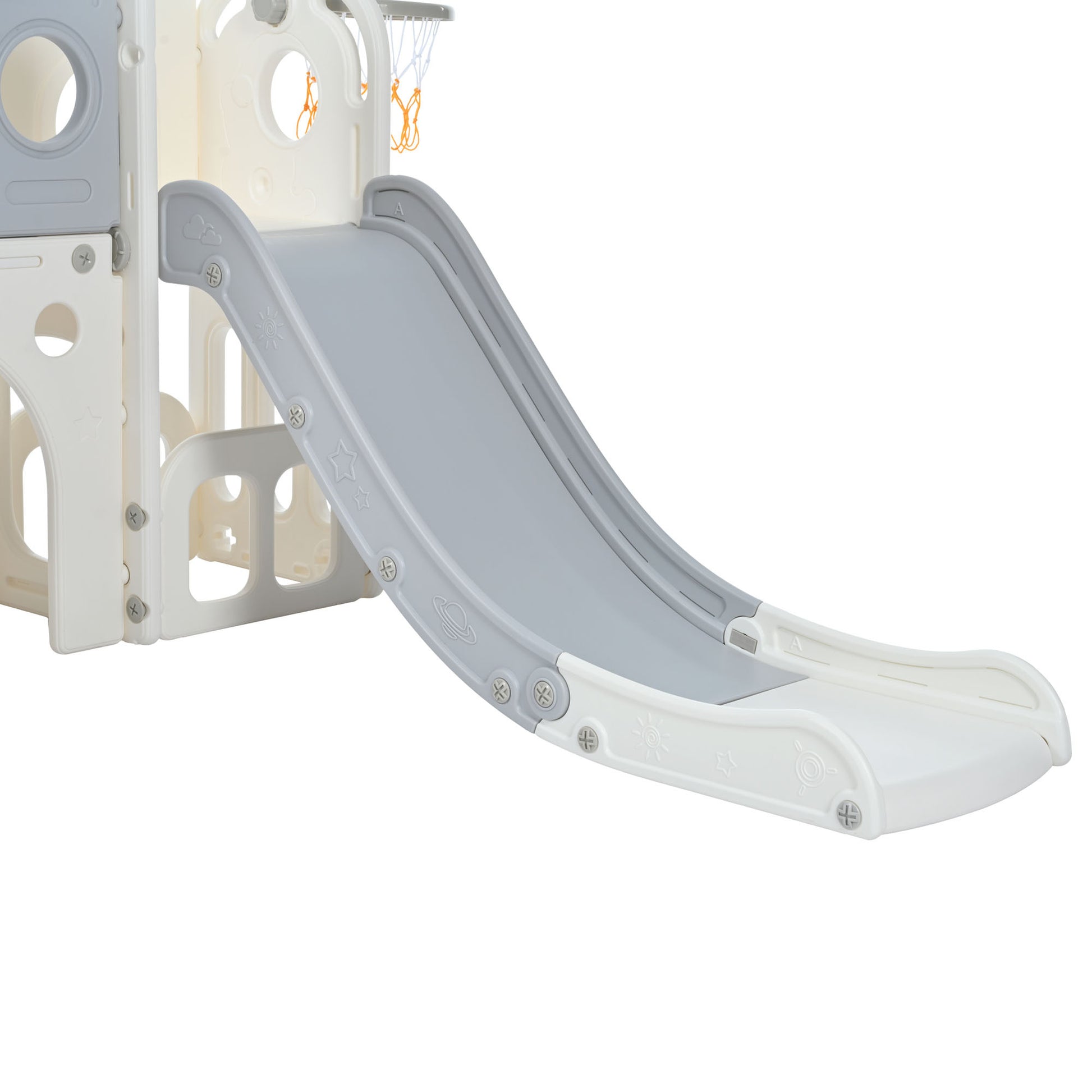 7 In 1 Toddler Slide Set, Freestanding Space Set With Slide, Kids Slide Playset Structure, Arch Tunnel And Basketball Hoop, Toy Storage Organizer For Toddlers, Kids Climbers Playground Grey White 50 99 Lbs Cute 1 To 2 Years Hdpe Indoor & Outdoor Use