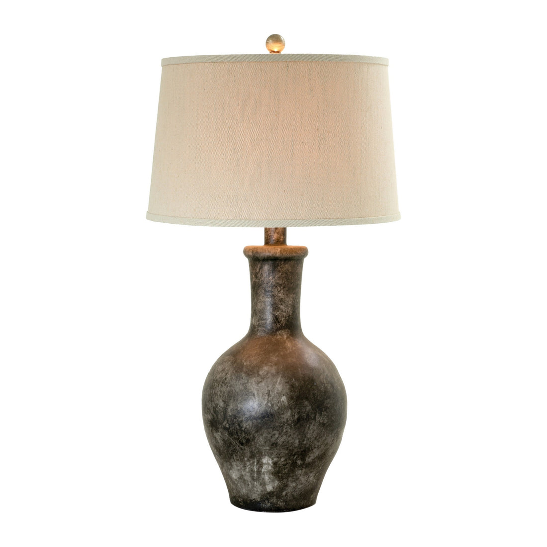 Aine 29 Inch Hydrocal Table Lamp, Drum Shade, Urn Shaped Base, Slate Gray Gray Beige Fabric