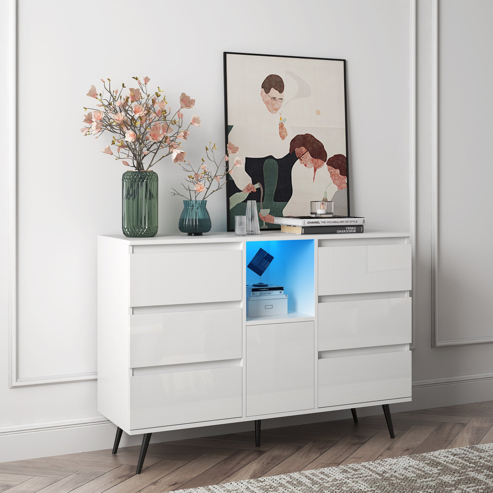 Living Room Sideboard Storage Cabinet White High Gloss With Led Light, Modern Kitchen Unit Cupboard Buffet Wooden Storage Display Cabinet White Mdf