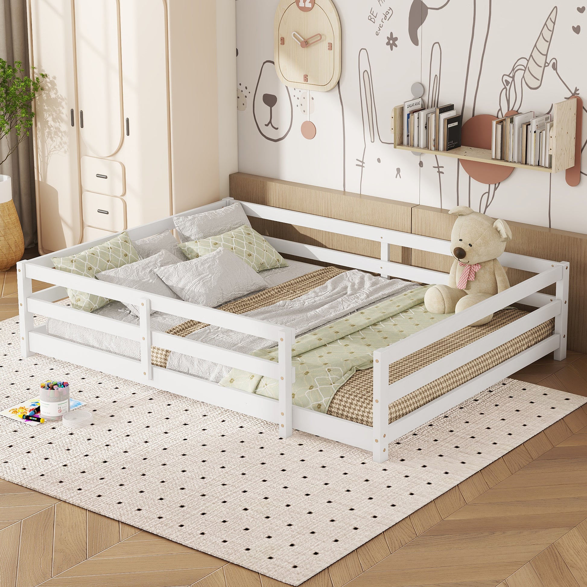 Full Size Floor Bed, Montessori Floor Bed With Fence, Kids Montessori Bed Full Size, Wood Montessori Floor Bed For Kids, Girls, Boys White White Wood Metal
