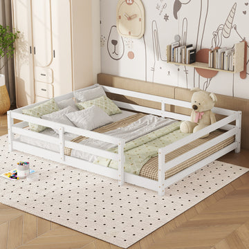 Full Size Floor Bed, Montessori Floor Bed With Fence, Kids Montessori Bed Full Size, Wood Montessori Floor Bed For Kids, Girls, Boys White White Wood Metal