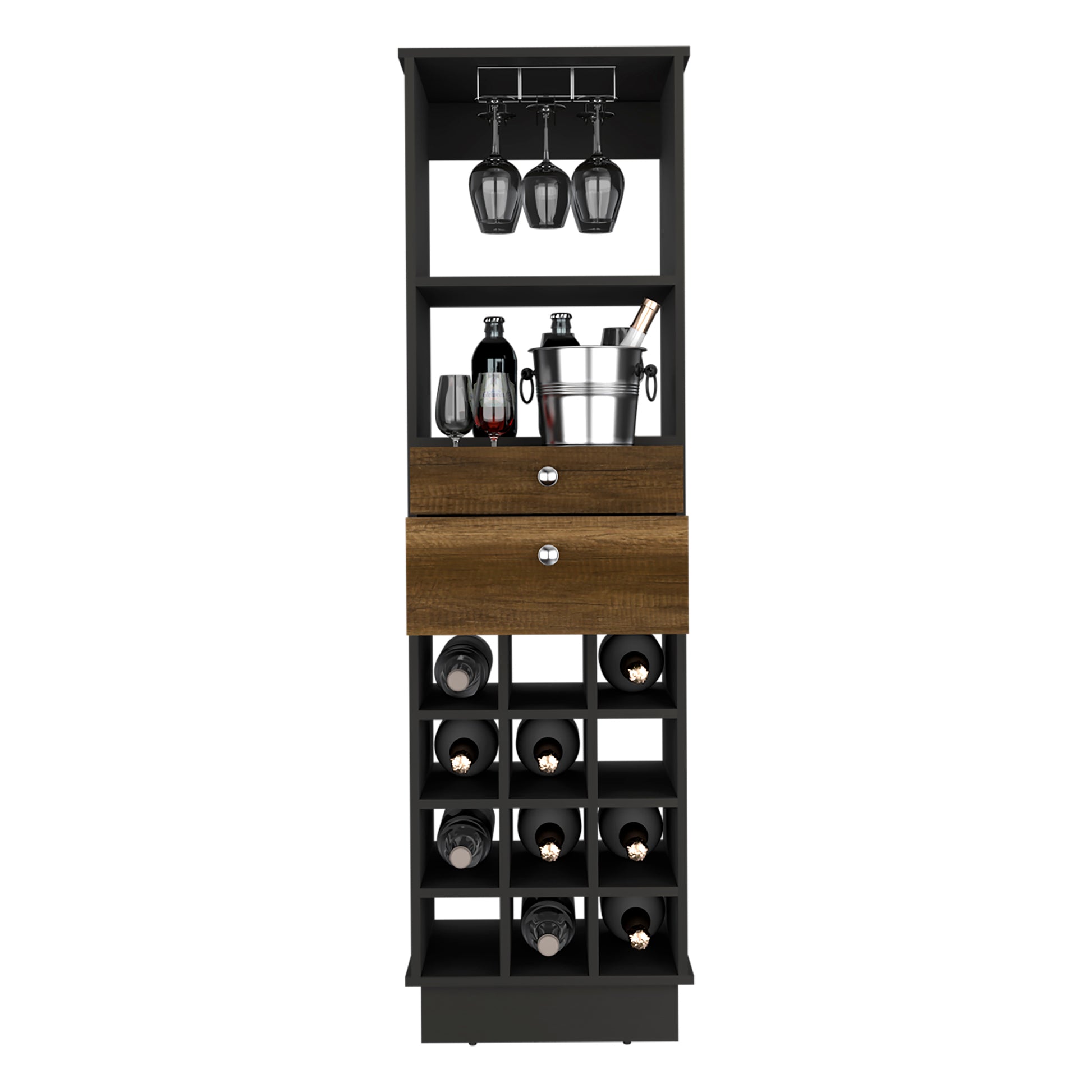 Classic Bar Cabinet, Two Drawers, Twelve Built In Wine Rack Black Walnut Multicolor Particle Board Particle Board