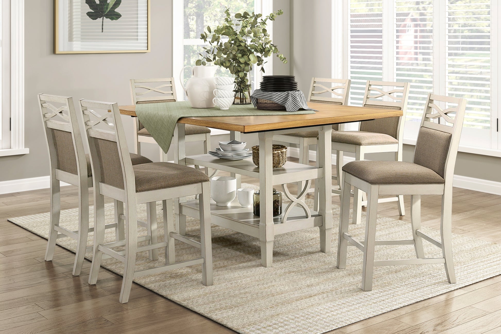1Pc Counter Height Table Base With 2 Shelves, Light Oak And Gray Finish Casual Country Style Dining Wooden Kitchen Furniture Gray,Light Oak Seats 6 Dining Room Kitchen & Dining Tables Rectangular Wood