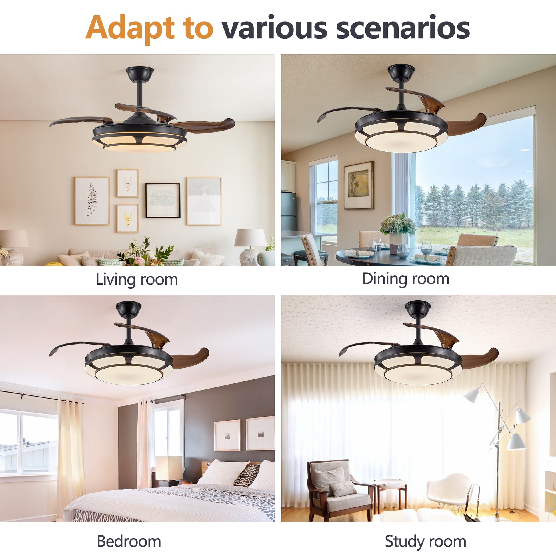 Modern Minimalist Invisible Ceiling Fan Light Retractable Fan With Led Fixtures For Living Room, Bedroom And Dining Room Black Acrylic Iron