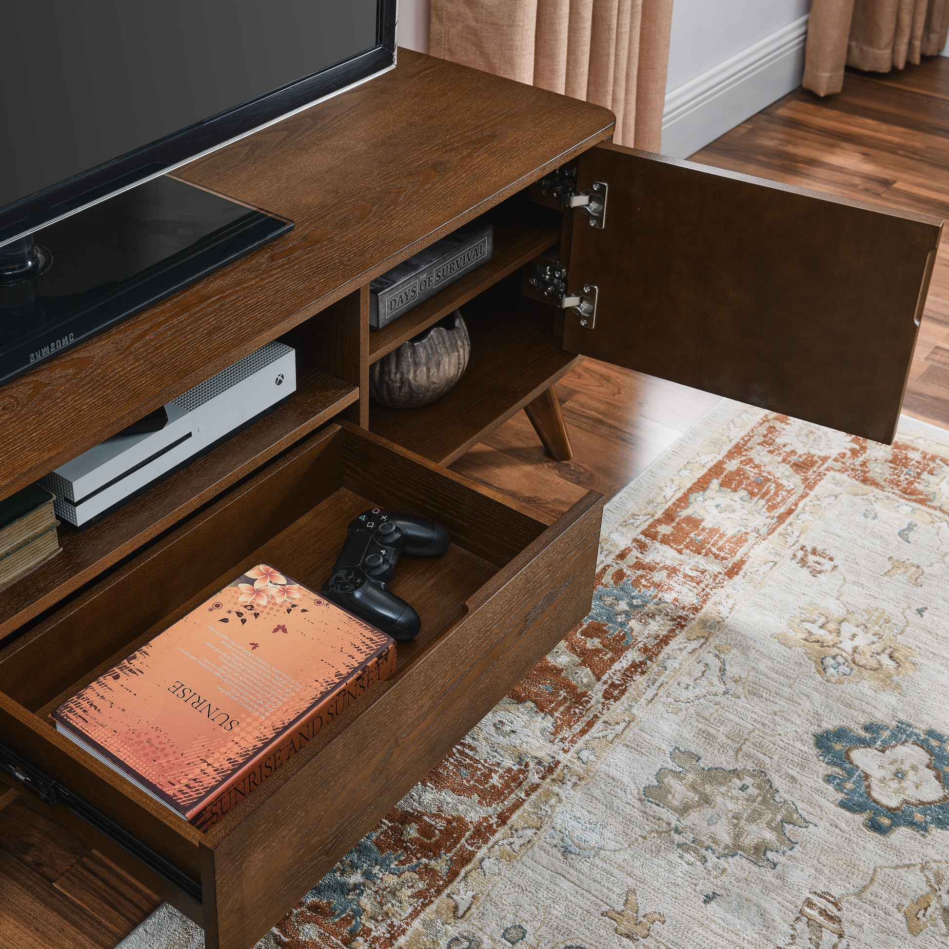 Mid Century Modern Fluted Tv Stand For 65 Inch Tv, Entertainment Center With Storage, Farmhouse Wood Media Console For Living Room Apartment Office, Accent Table, 2 Door & 1 Drawer & Solid Wood Leg Walnut 50 59 Inches Mdf