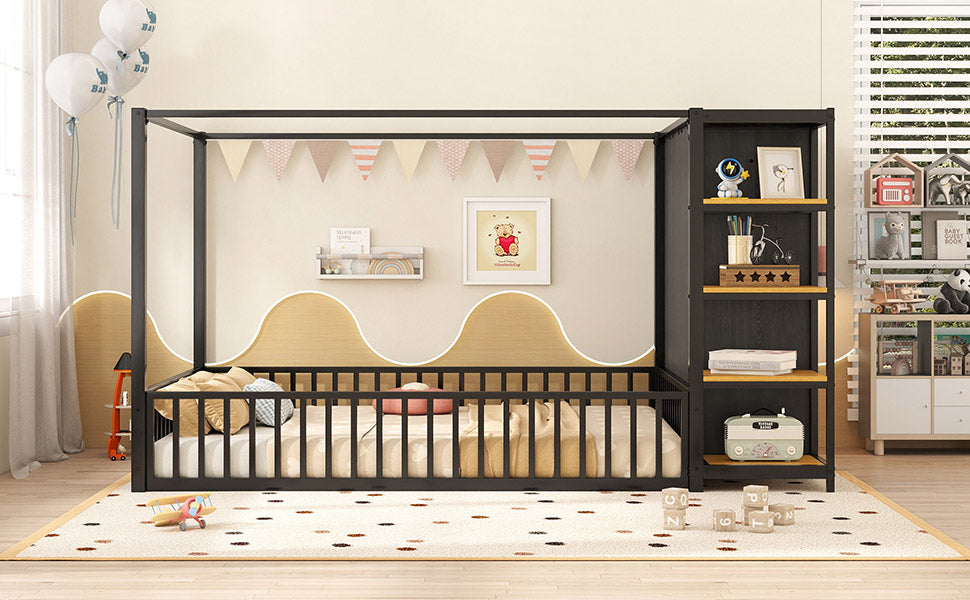 Full Size Floor Bed Frame With Wardrobe, Metal Floor Bed With Storage Shelves, Black Full Black Metal