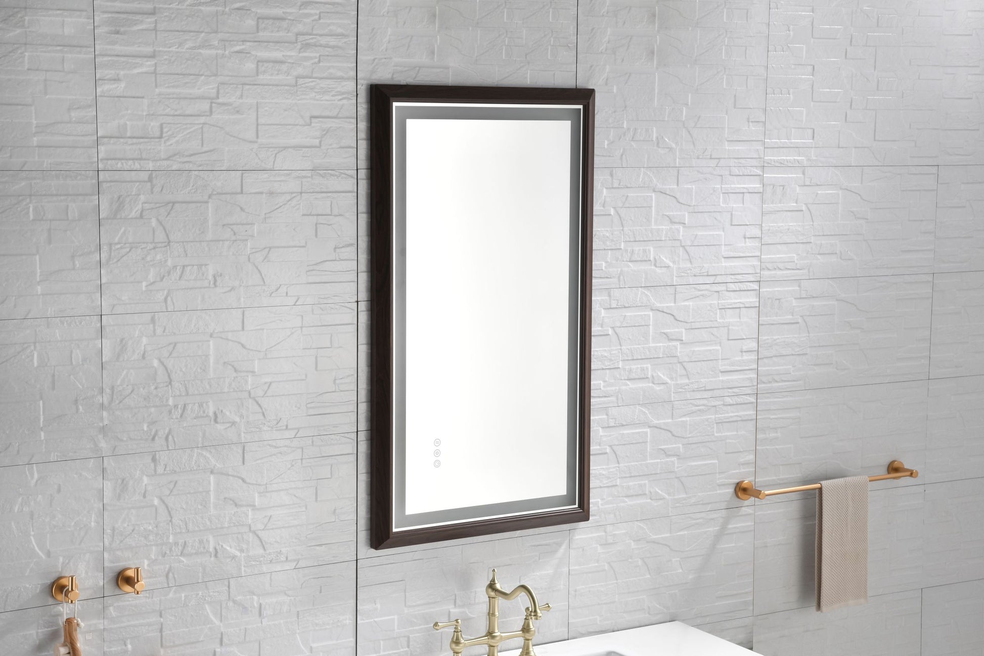 Bathroom Led Mirror Is Multi Functional And Each Function Is Controlled By A Smart Touch Button. Brown Aluminium