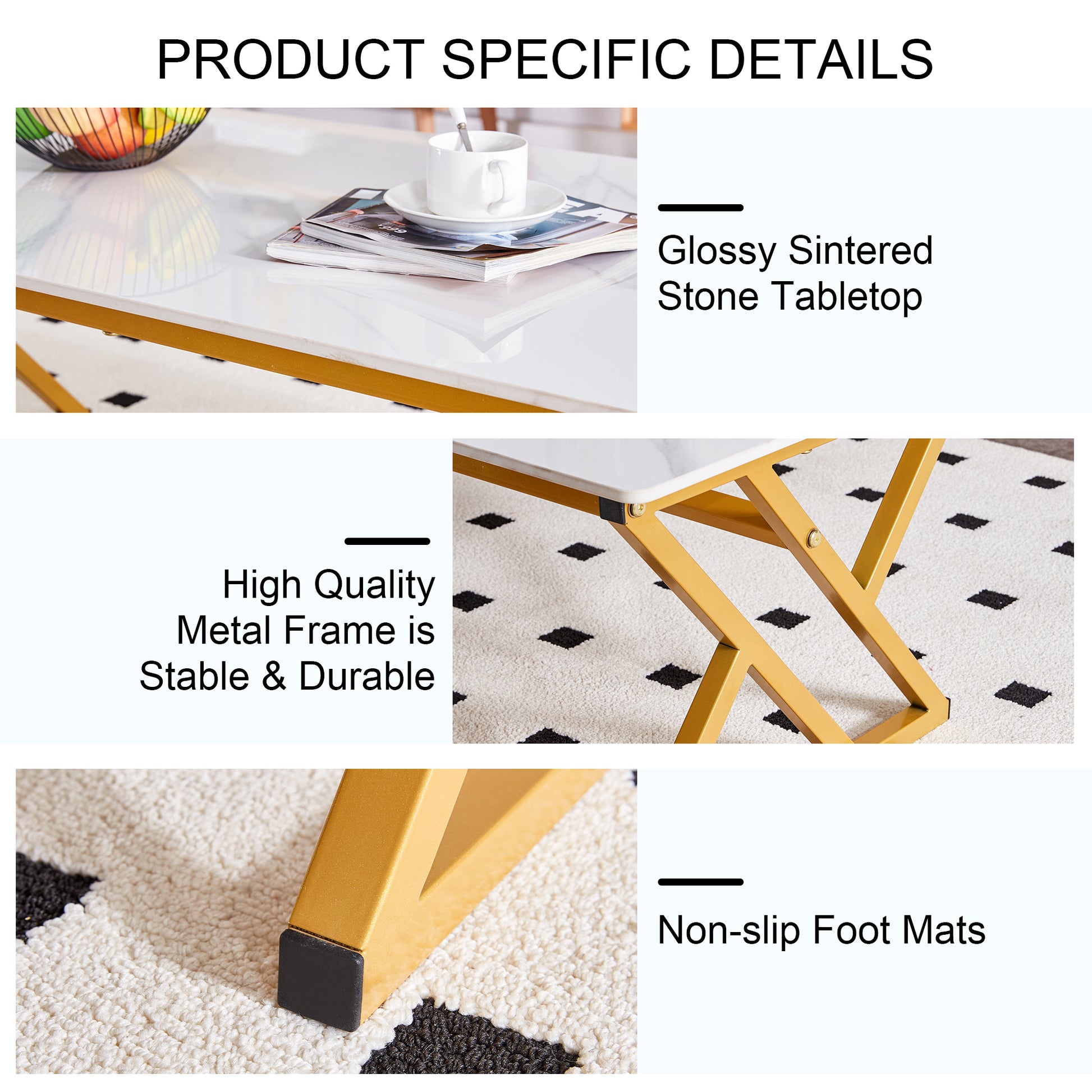 0.4Inch Thick White Marble Patterned Rock Table, Easy To Clean, Paired With Golden Metal Legs, Sturdy And Durable. Large Size Can Meet Various Needs.Can Be Used As A Dining Table, Coffee Table.47*23.6 White Sintered Stone