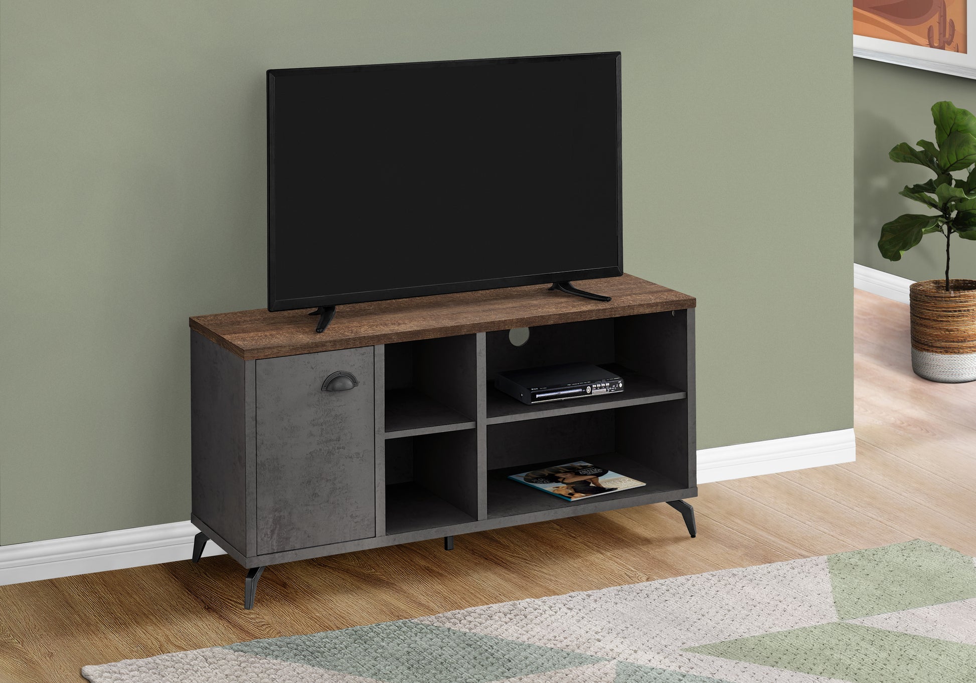 Tv Stand, 48 Inch, Console, Media Entertainment Center, Storage Cabinet, Living Room, Bedroom, Brown And Grey Laminate, Grey Metal, Contemporary, Modern Grey 80 89 Inches Mdf