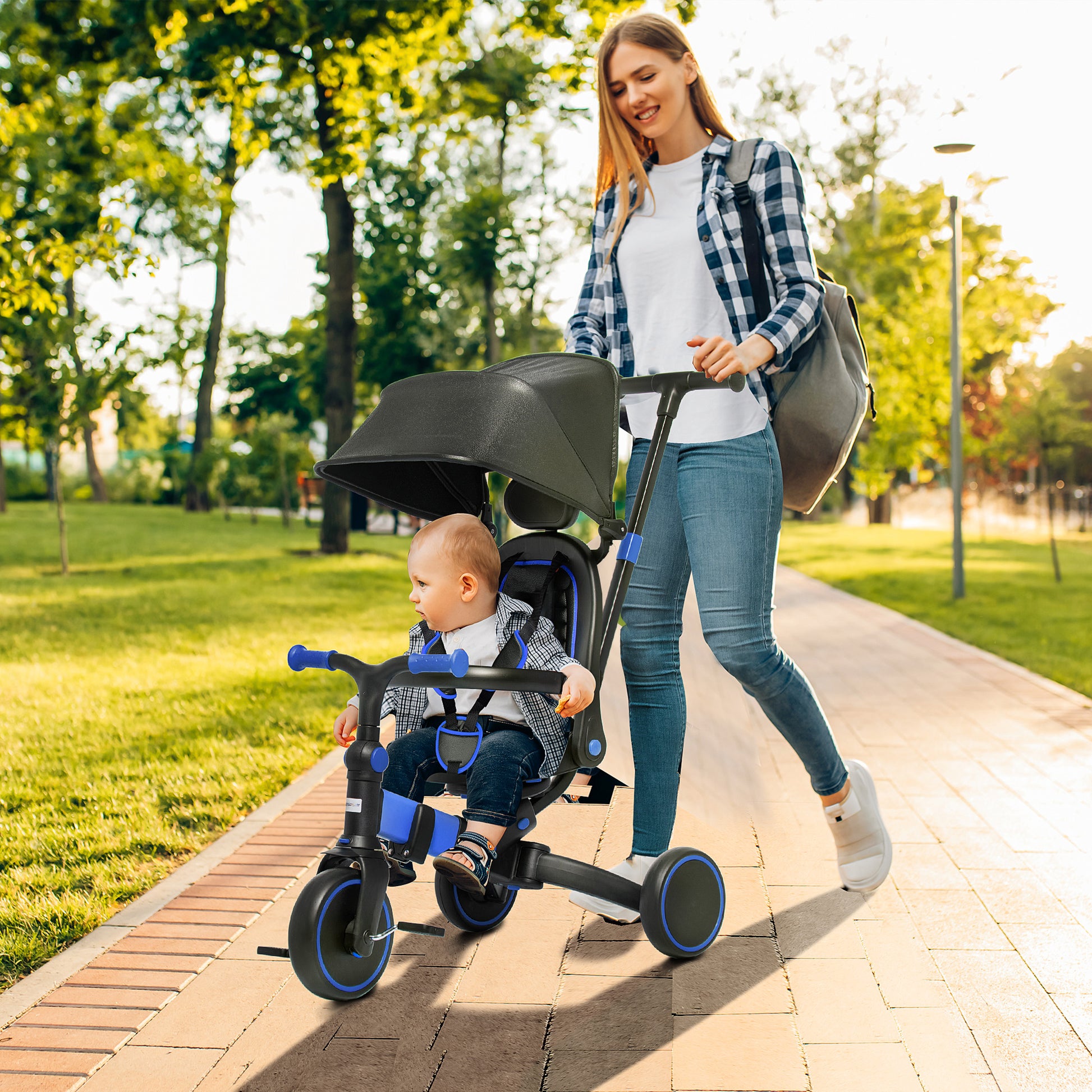 Qaba 3 In 1 Toddler Trike, Push Tricycle, & Balance Bike With Adjustable Settings, Toddler Push Bike, Baby Bike With Shady Canopy, Ages 1.5 4, Blue Blue Aluminium Alloy