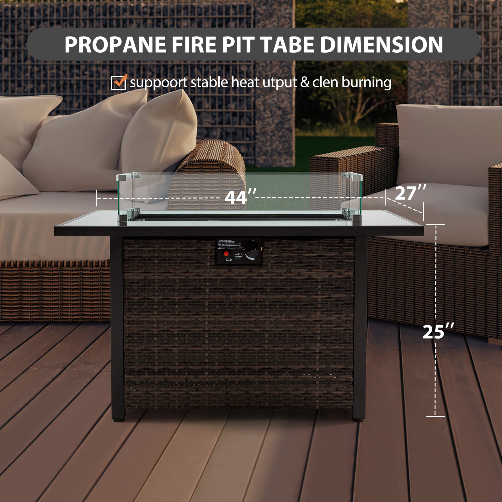 Outdoor Fire Pit 50,000 Btu Propane Gas Fire Table With Lid Fireplace With Glass Wind Guard Wicker Base For Garden, Patio, Backyard, 44" Black Brown Garden & Outdoor Modern Pe Rattan Iron,Rattan