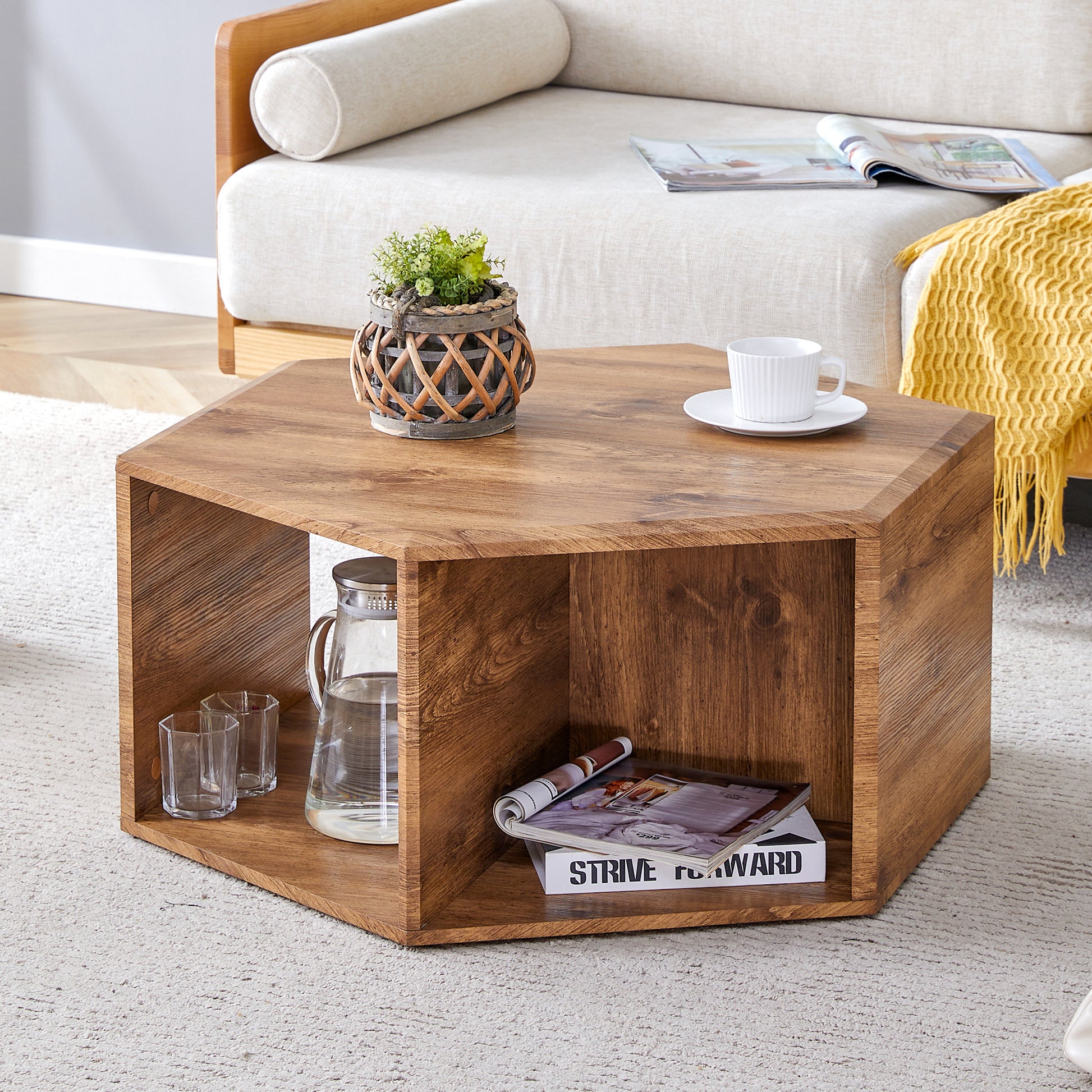 Hexagonal Mdf Coffee Table, Characteristic Pattern Stickers, Multi Hole Design To Give More Storage Space, Simple And Convenient Design Makes It Suitable For All Kinds Of Style Scenes. Wood Mdf