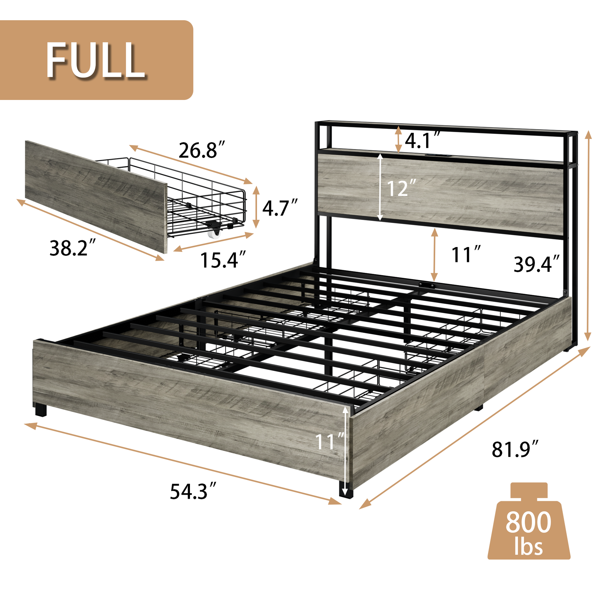 Full Size Bed Frame With 4 Storage Drawers And 2 Usb Ports, Upholstered Platform Bed Frame With Storage Headboard Charging Station And Metal Slat Support, No Box Spring Needed, Dark Grey. Box Spring Not Required Full Dark Grey Metal Bedroom Bed Frame Mdf